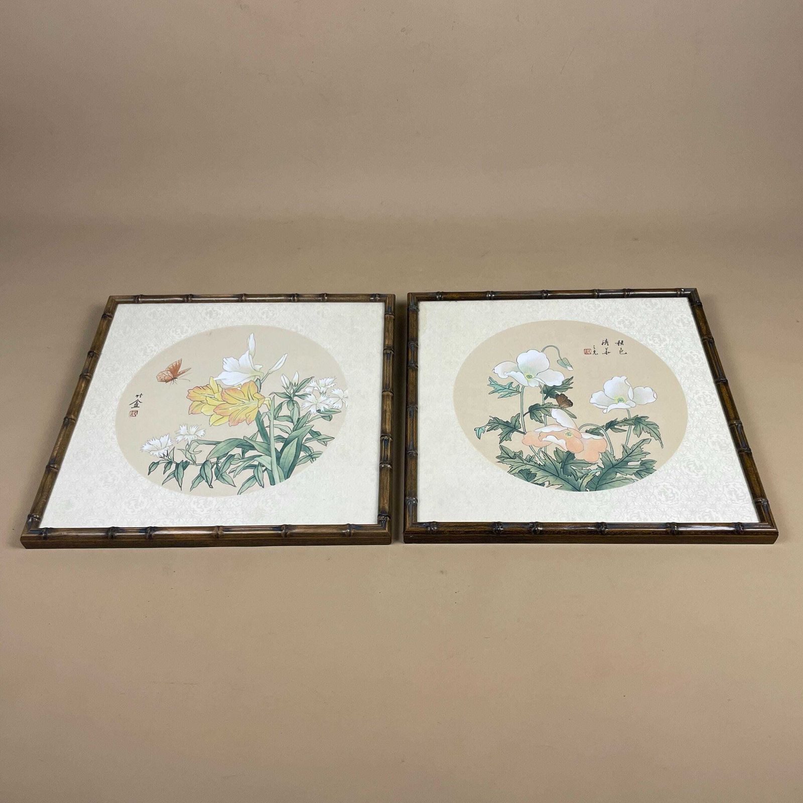Two Oriental Hand Painted On Silk Paintings Flowers Butterflies Floral Bamboo Shaped Frame Set Of 2 Pair Wall Hangings Vintage Antique photo furniture