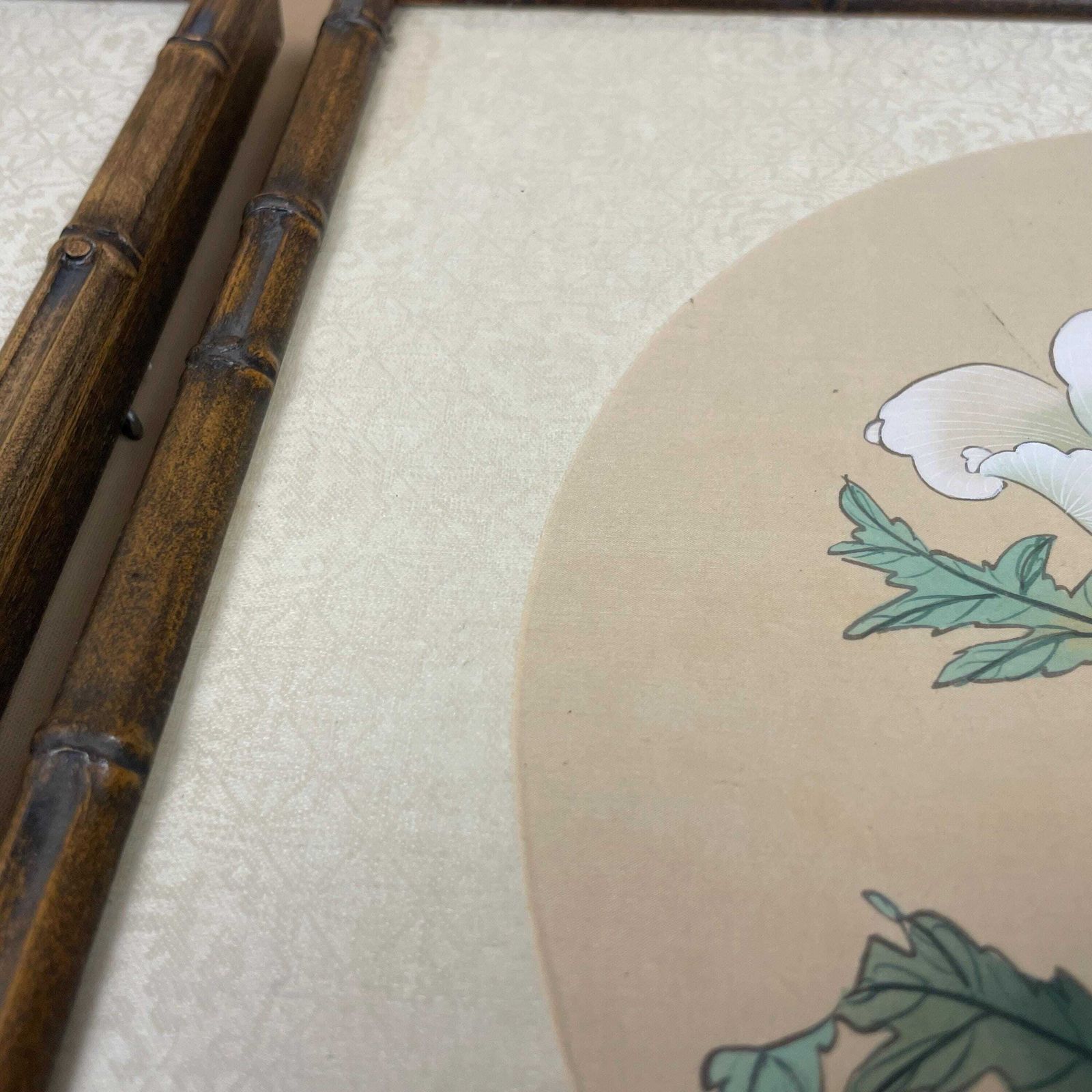 photo for sale Two Oriental Hand Painted On Silk Paintings Flowers Butterflies Floral Bamboo Shaped Frame Set Of 2 Pair Wall Hangings Vintage Antique