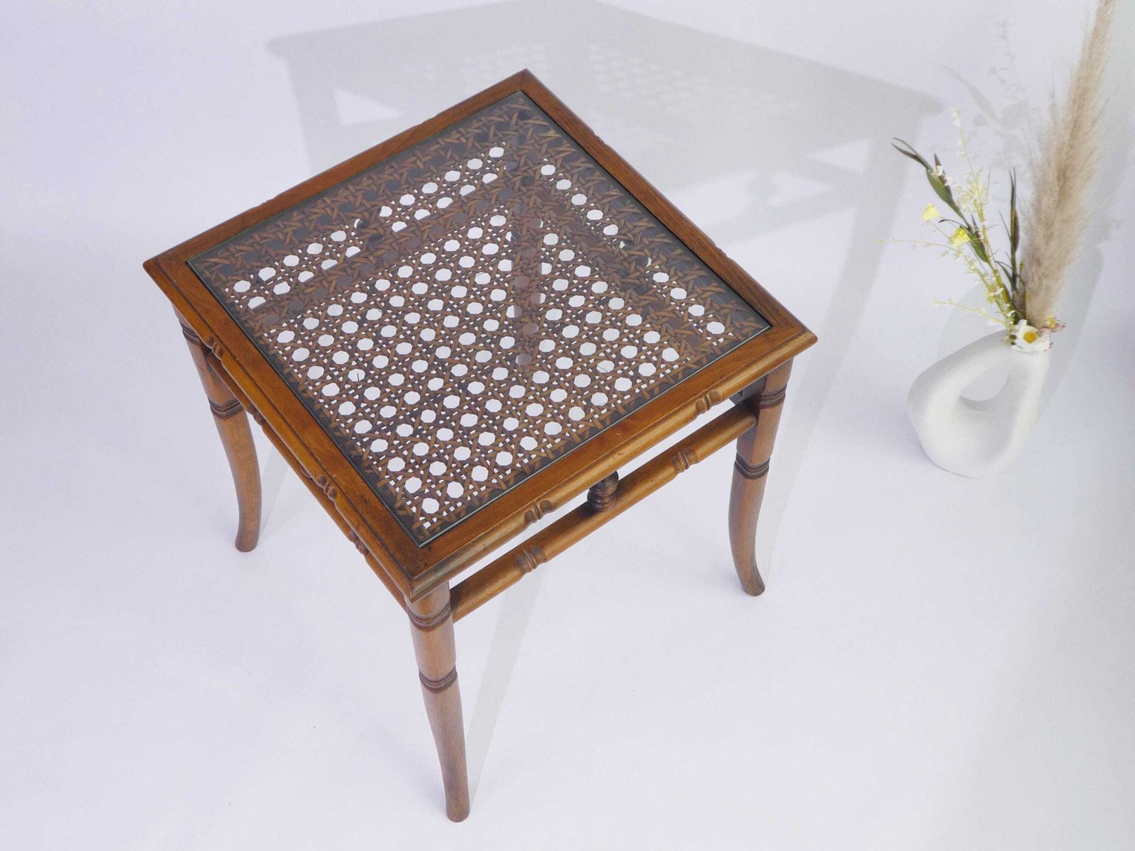 Faux Bamboo Wooden Side Table With Glass Top, English Vintage Coffee Table photo vinterior