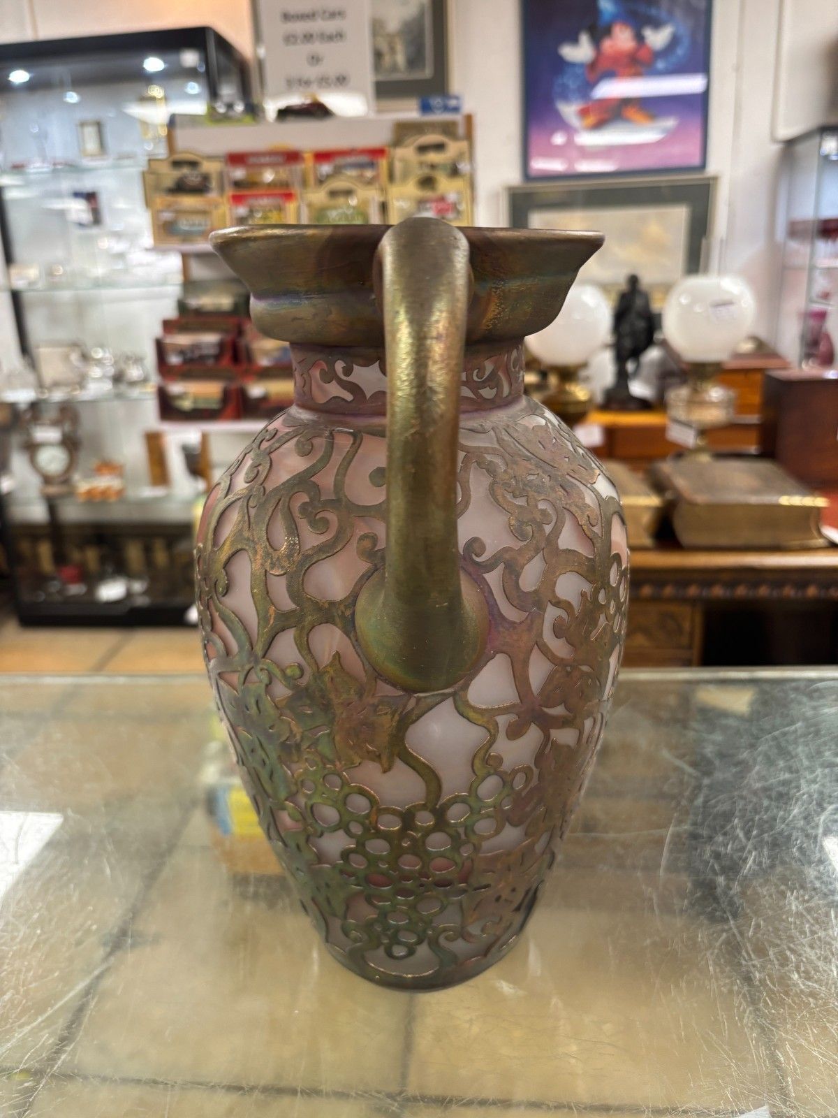 Pair Of Antique Ama Romanian Copper Over Art Glass Vases/ Urns photo for sale