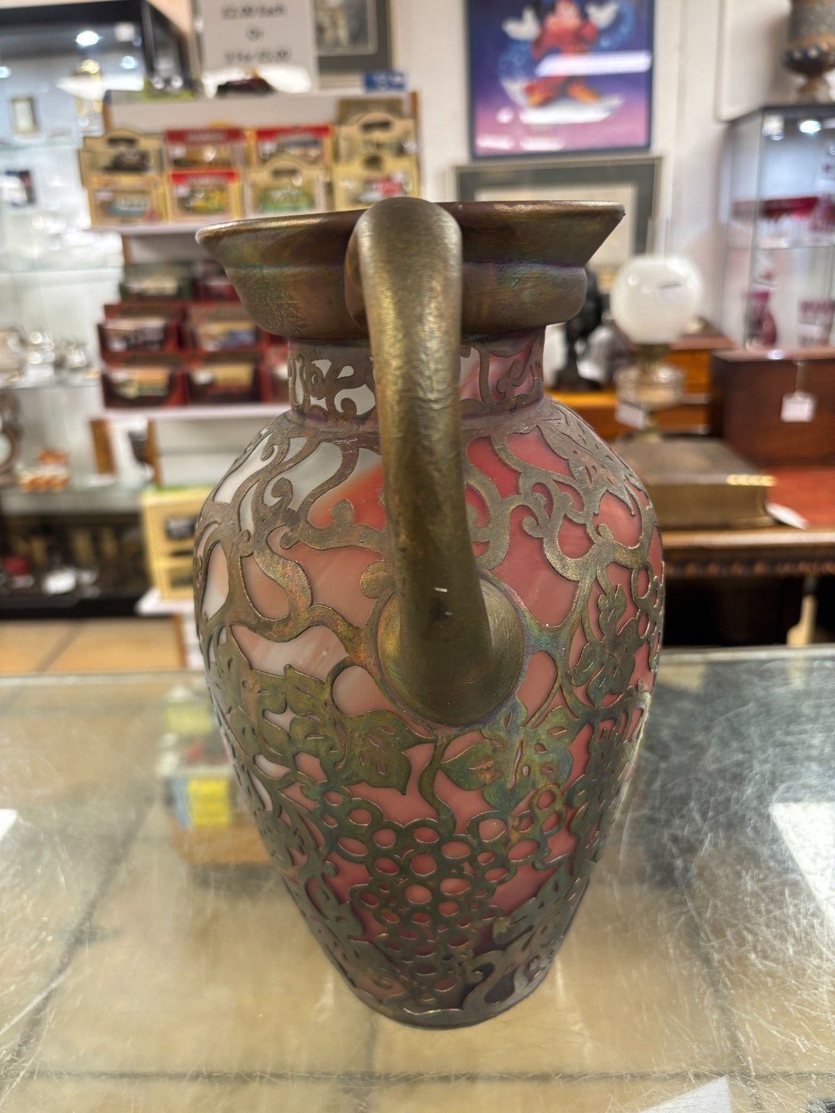 Pair Of Antique Ama Romanian Copper Over Art Glass Vases/ Urns photo 210.0