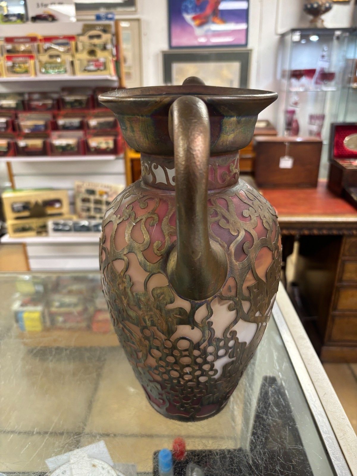 Home Decor Pair Of Antique Ama Romanian Copper Over Art Glass Vases/ Urns photo