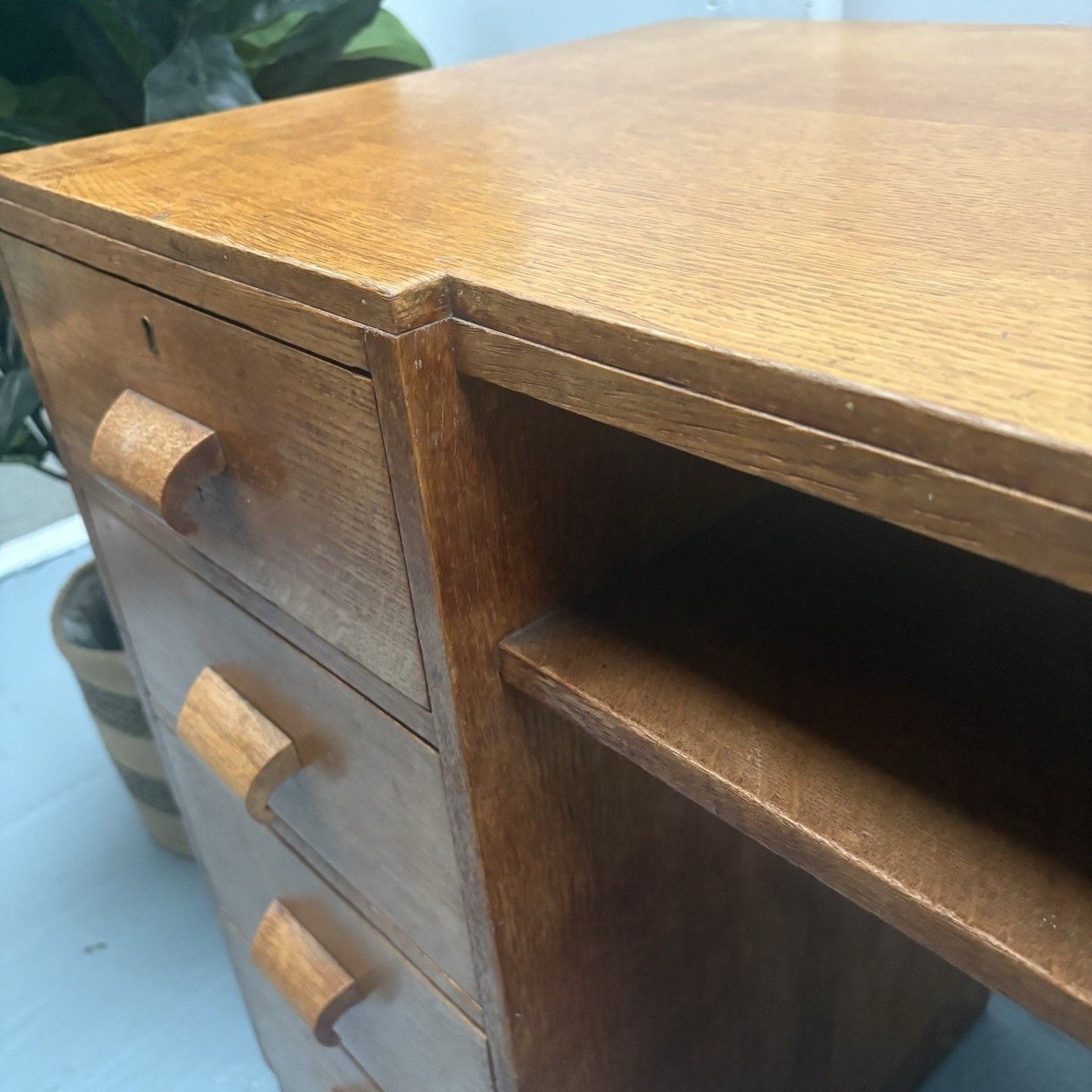 Furniture Late 1930s English Oak Art Deco Modernist Twin Pedestal Writing Desk photo