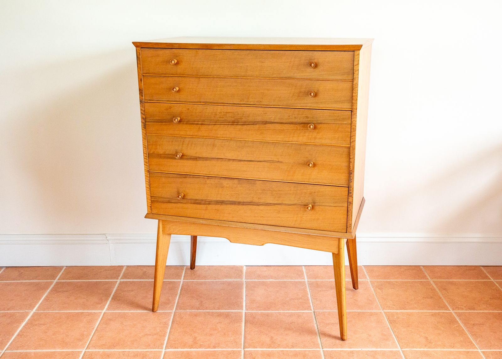 Blonde Mid Century Chest Of Drawers Tallboy Highboy Walnut By Alfred Cox For Heals 1960s Mcm English Satin Stamped photo vintage