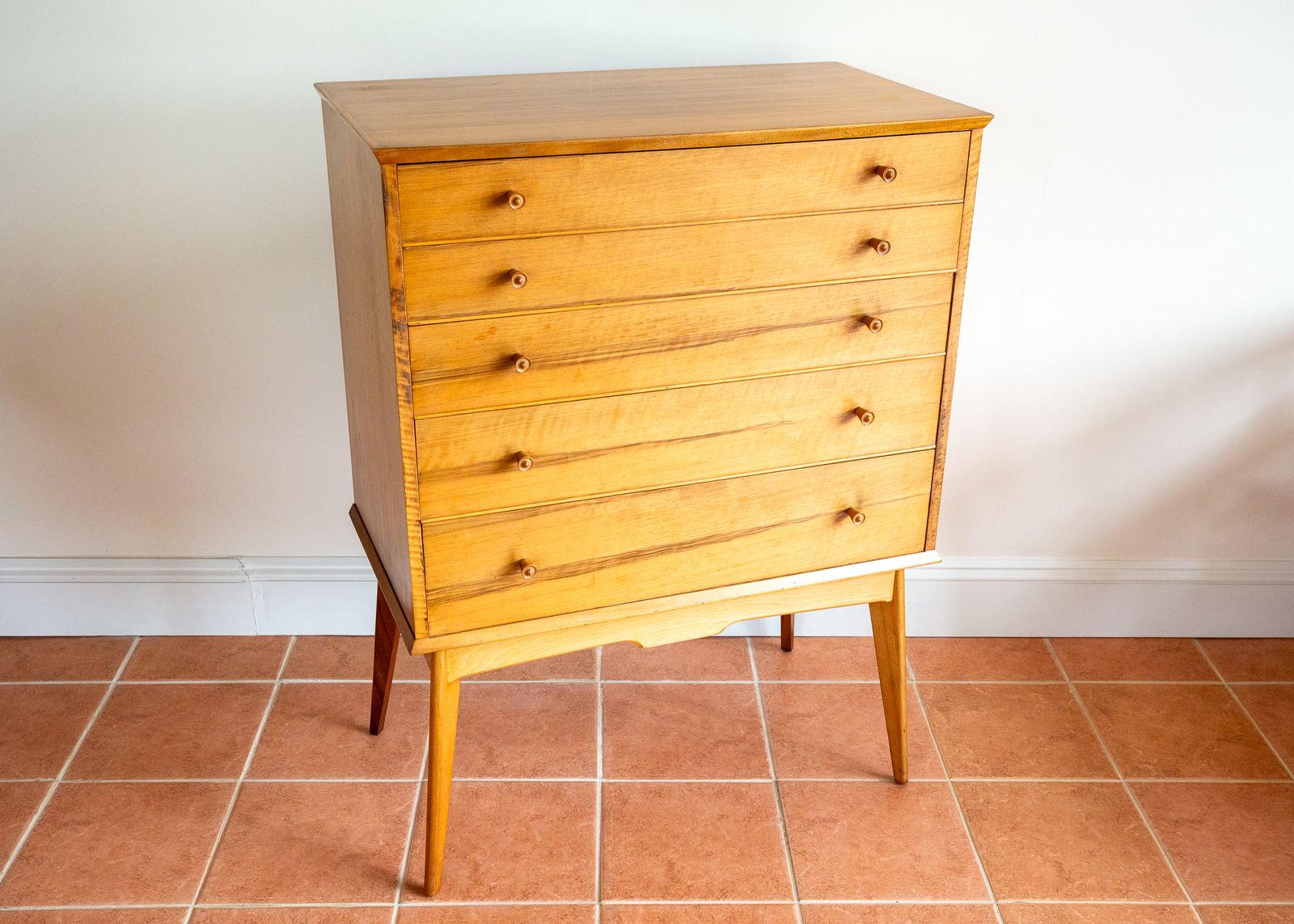 Furniture Blonde Mid Century Chest Of Drawers Tallboy Highboy Walnut By Alfred Cox For Heals 1960s Mcm English Satin Stamped photo