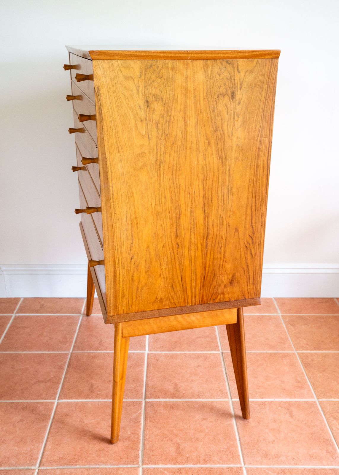 photo buy Blonde Mid Century Chest Of Drawers Tallboy Highboy Walnut By Alfred Cox For Heals 1960s Mcm English Satin Stamped