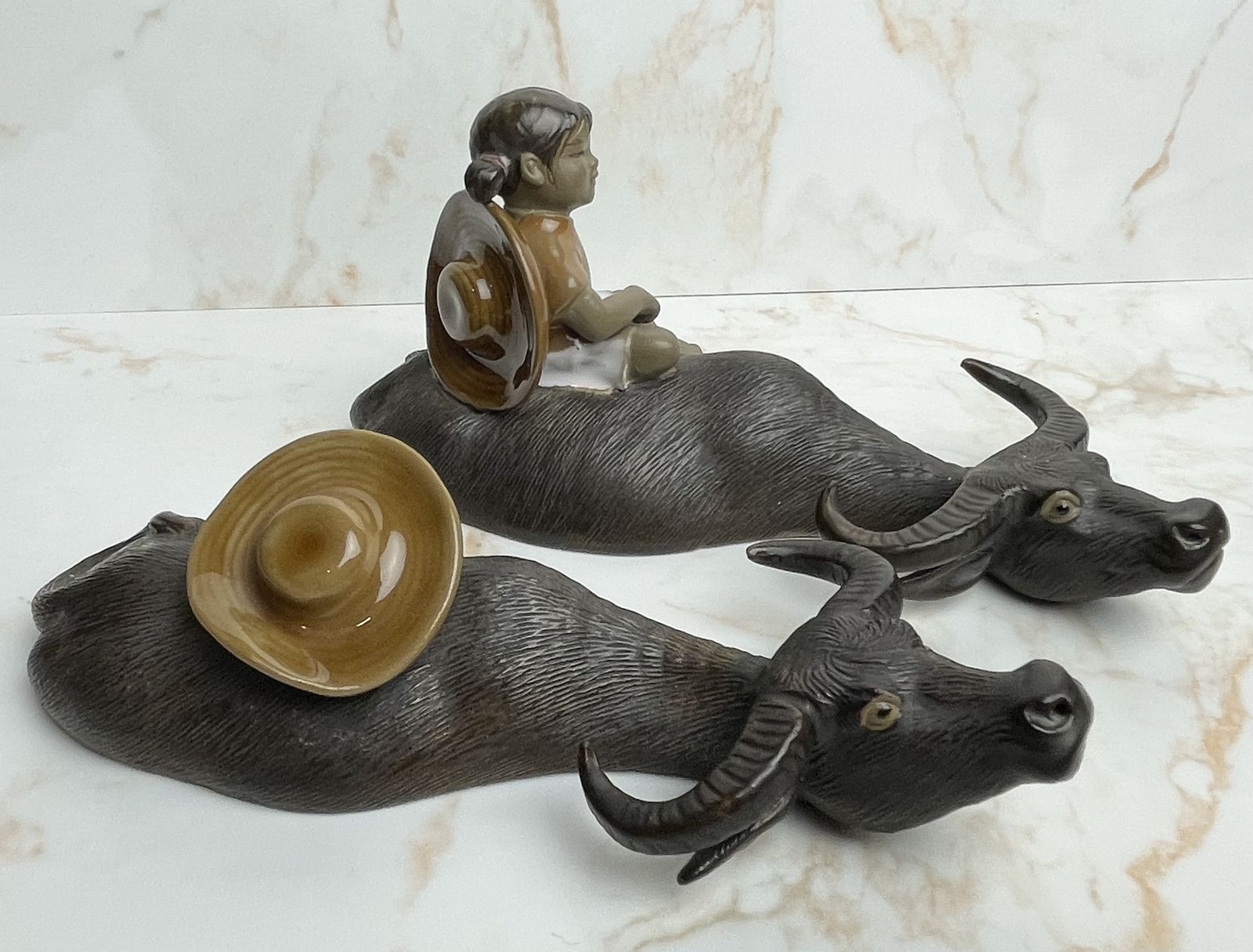 Vintage Pair Mudman Chinese Shiwan Girl With Submerged Water Buffalo Figurines photo furniture