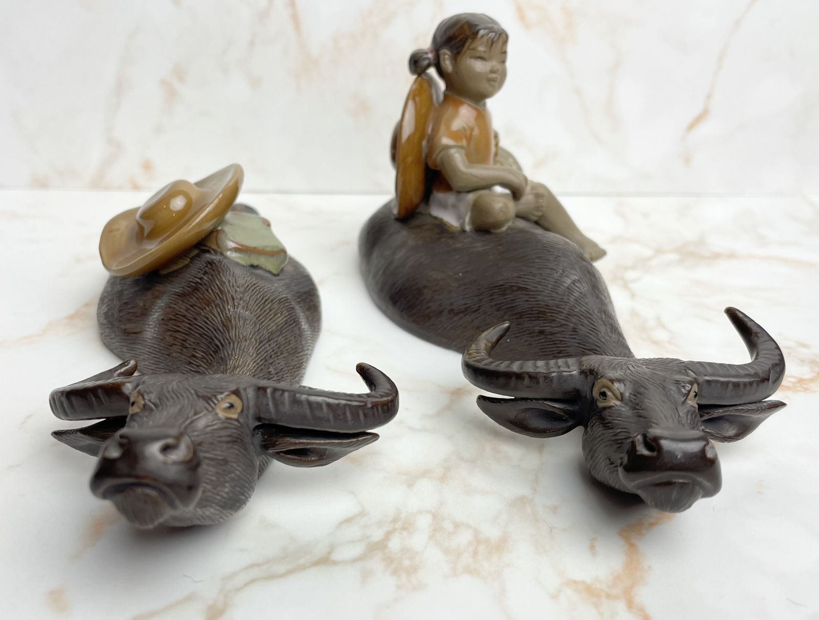 Vintage Pair Mudman Chinese Shiwan Girl With Submerged Water Buffalo Figurines photo Home Decor