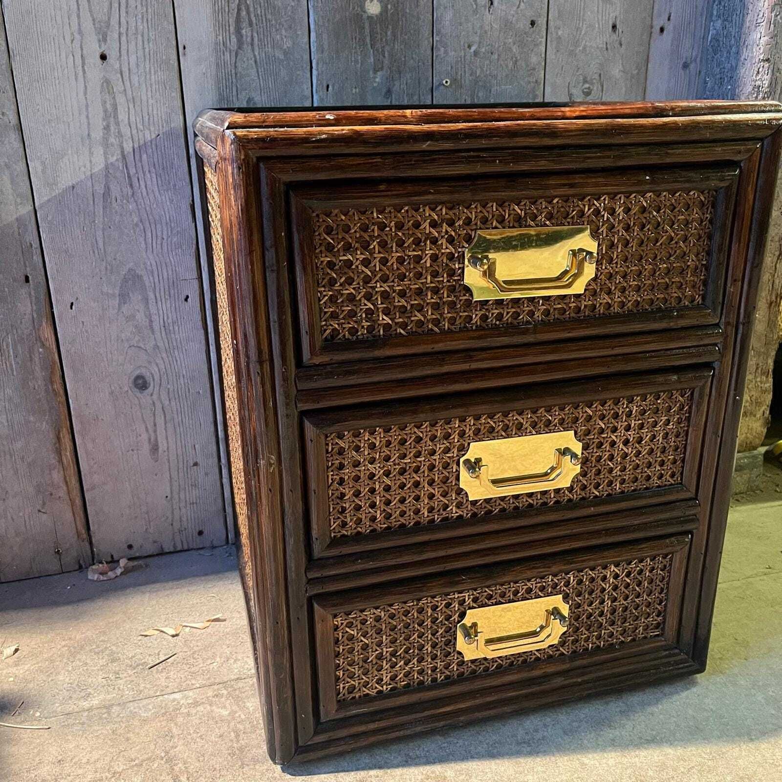 A Dark Cane Covered Bedside Cabinet With 3 Drawers And Brass Handles photo 275.0