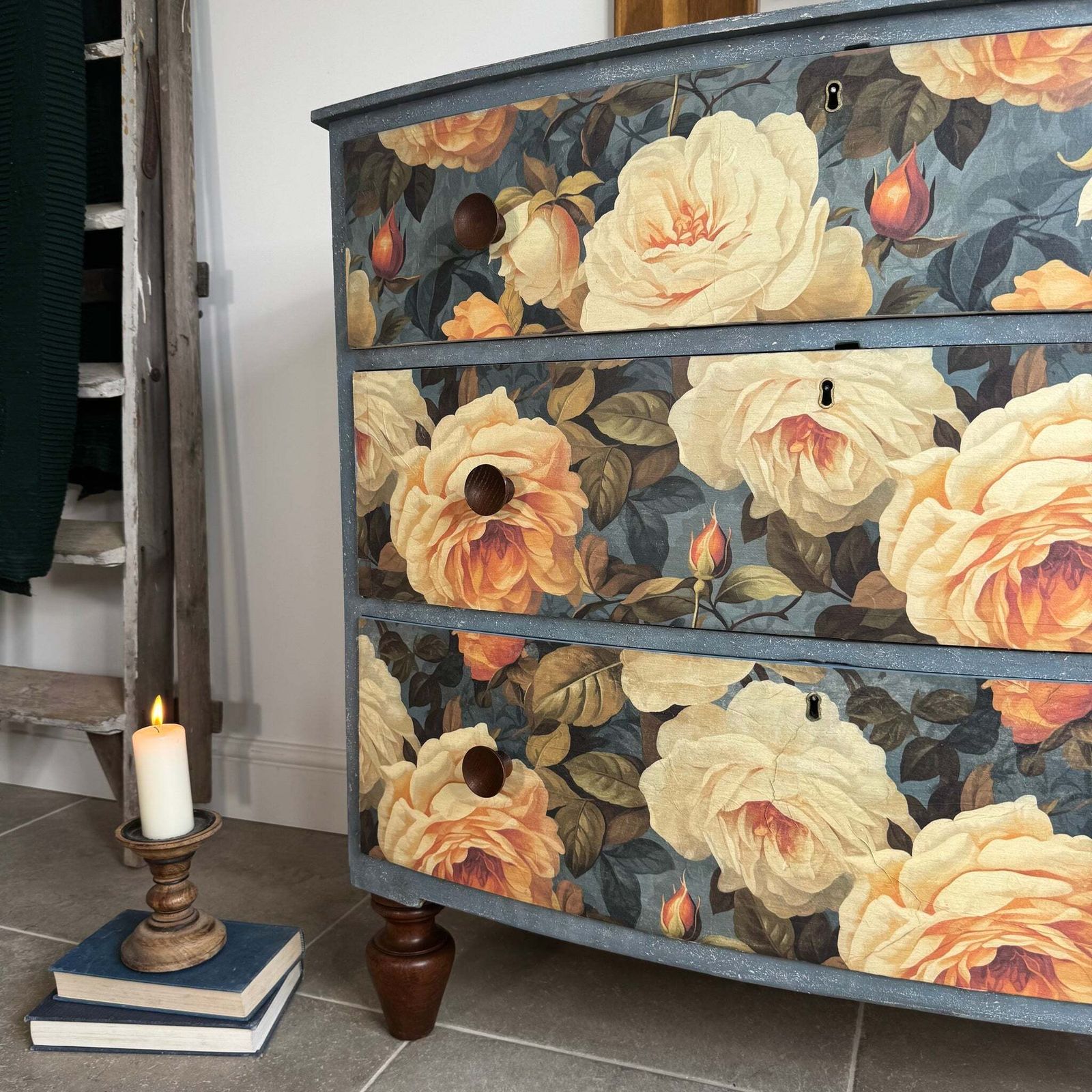 Vintage Bow Fronted Chest Of Drawers Painted Blues And Floral photo buy