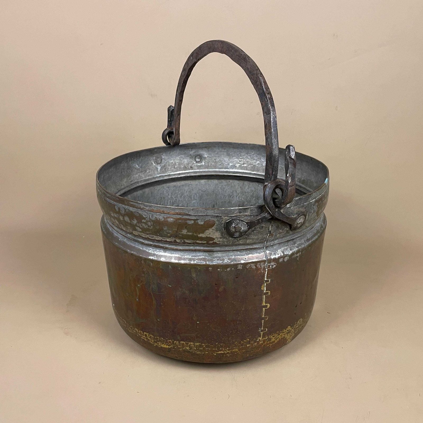 Antique Metal Copper Coal Bucket Handle Fireside Fire Side Scuttle Log Helmet Farmhouse Hanging Well Milk Cylinder Round Vintage Fireplace