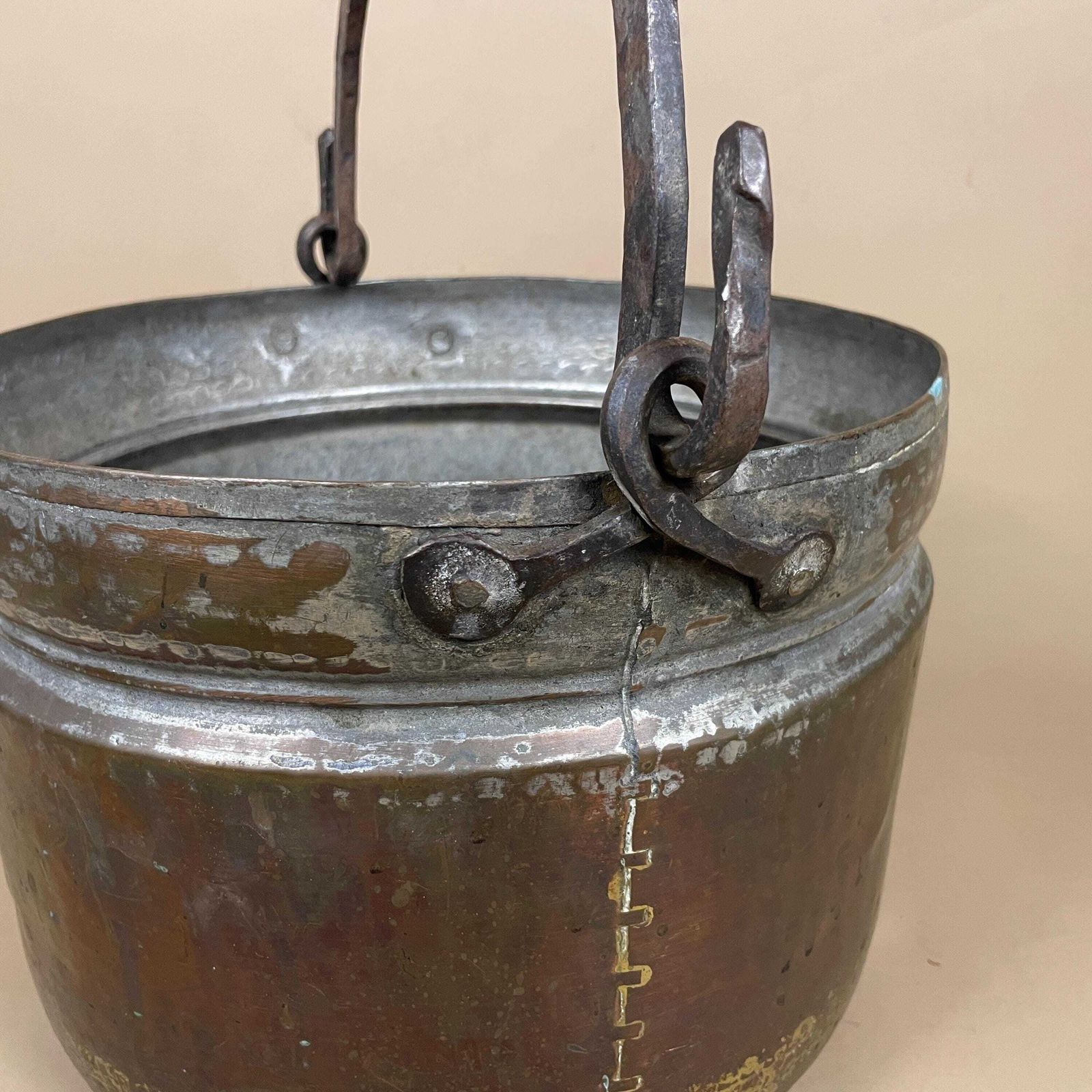 Antique Metal Copper Coal Bucket Handle Fireside Fire Side Scuttle Log Helmet Farmhouse Hanging Well Milk Cylinder Round Vintage Fireplace photo for sale