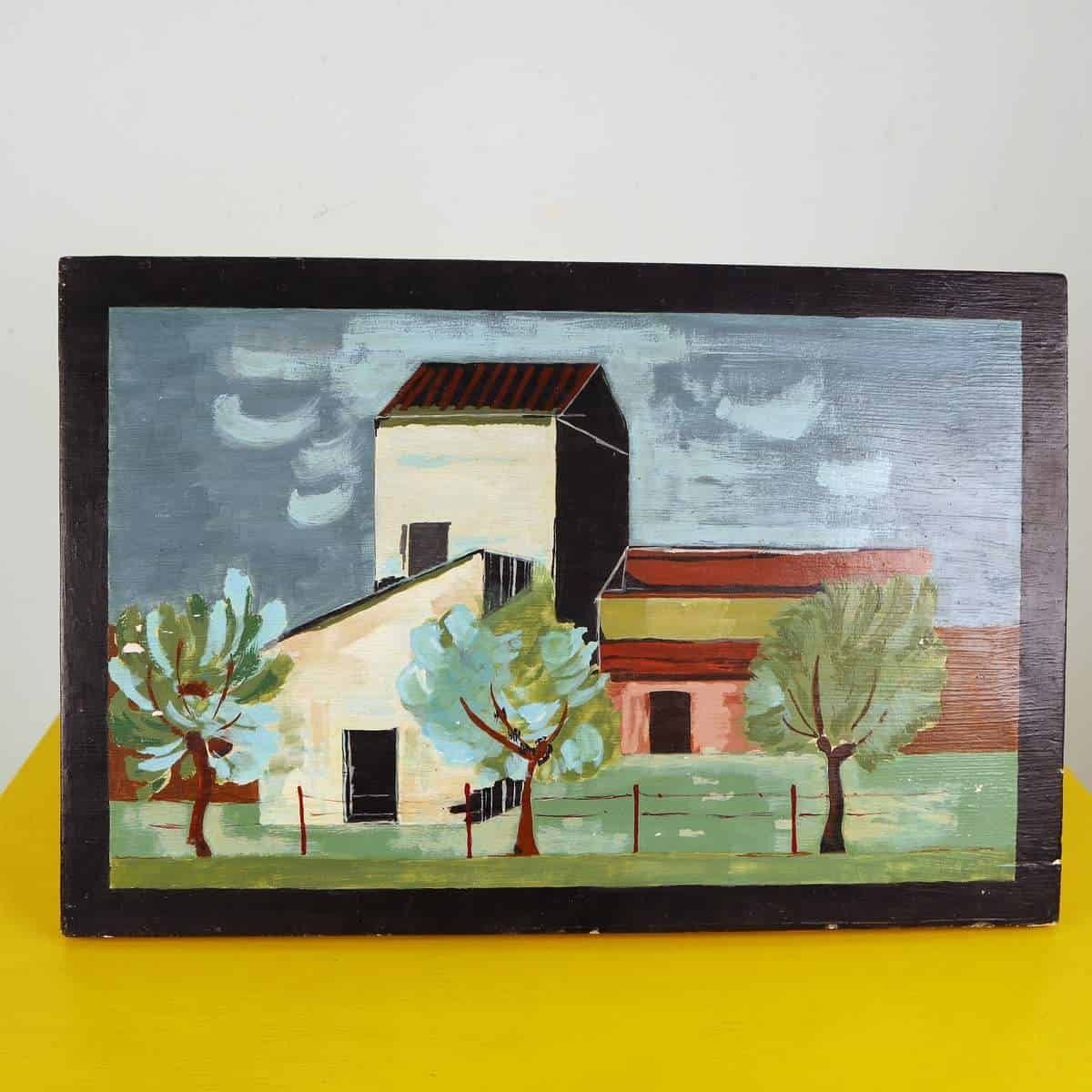 Vintage Landscape Painting On Wooden Board photo furniture