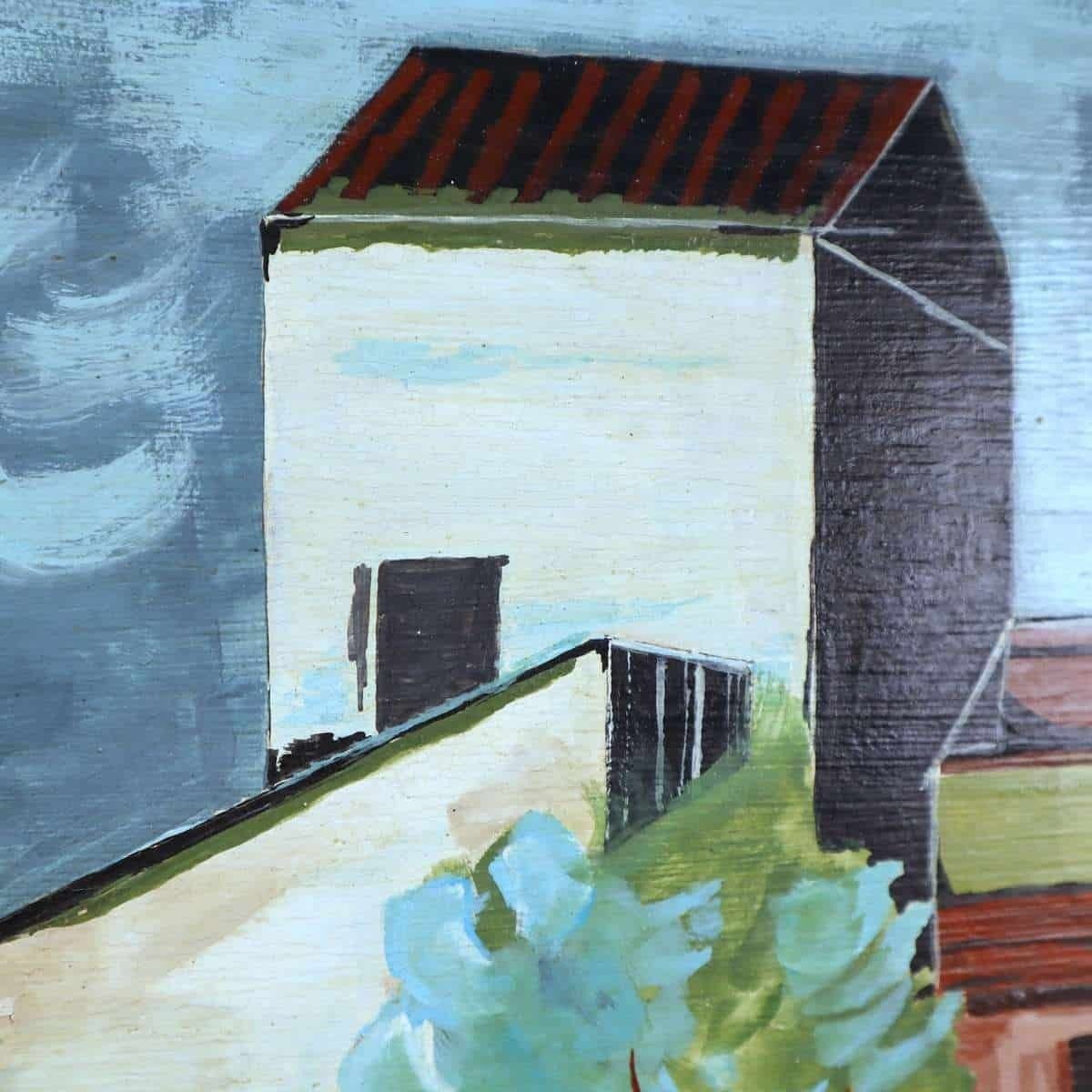 Vintage Landscape Painting On Wooden Board photo for sale