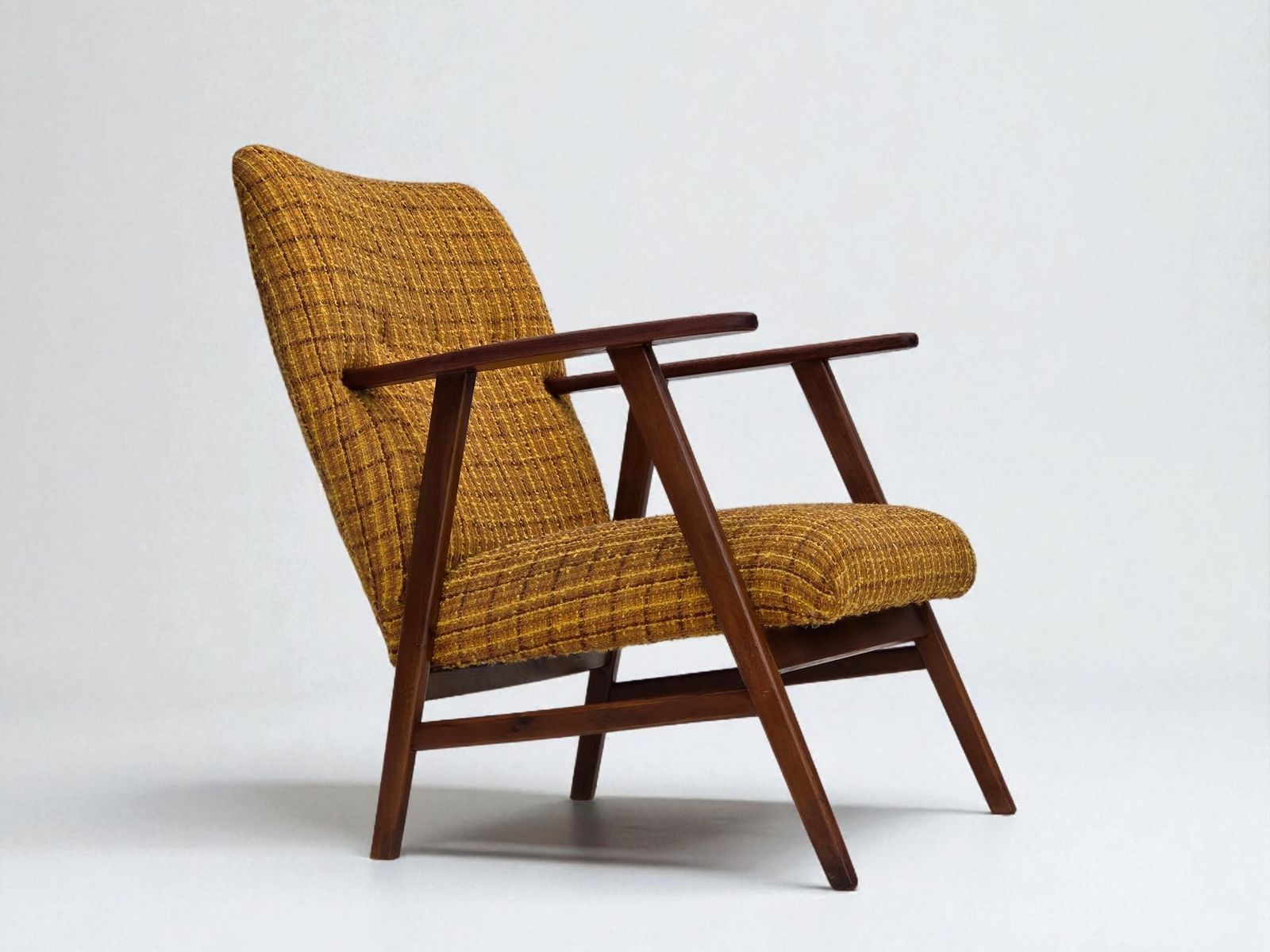 1960s, Danish Armchair, Furniture Wool Fabric, Teak Wood, Oak Wood.