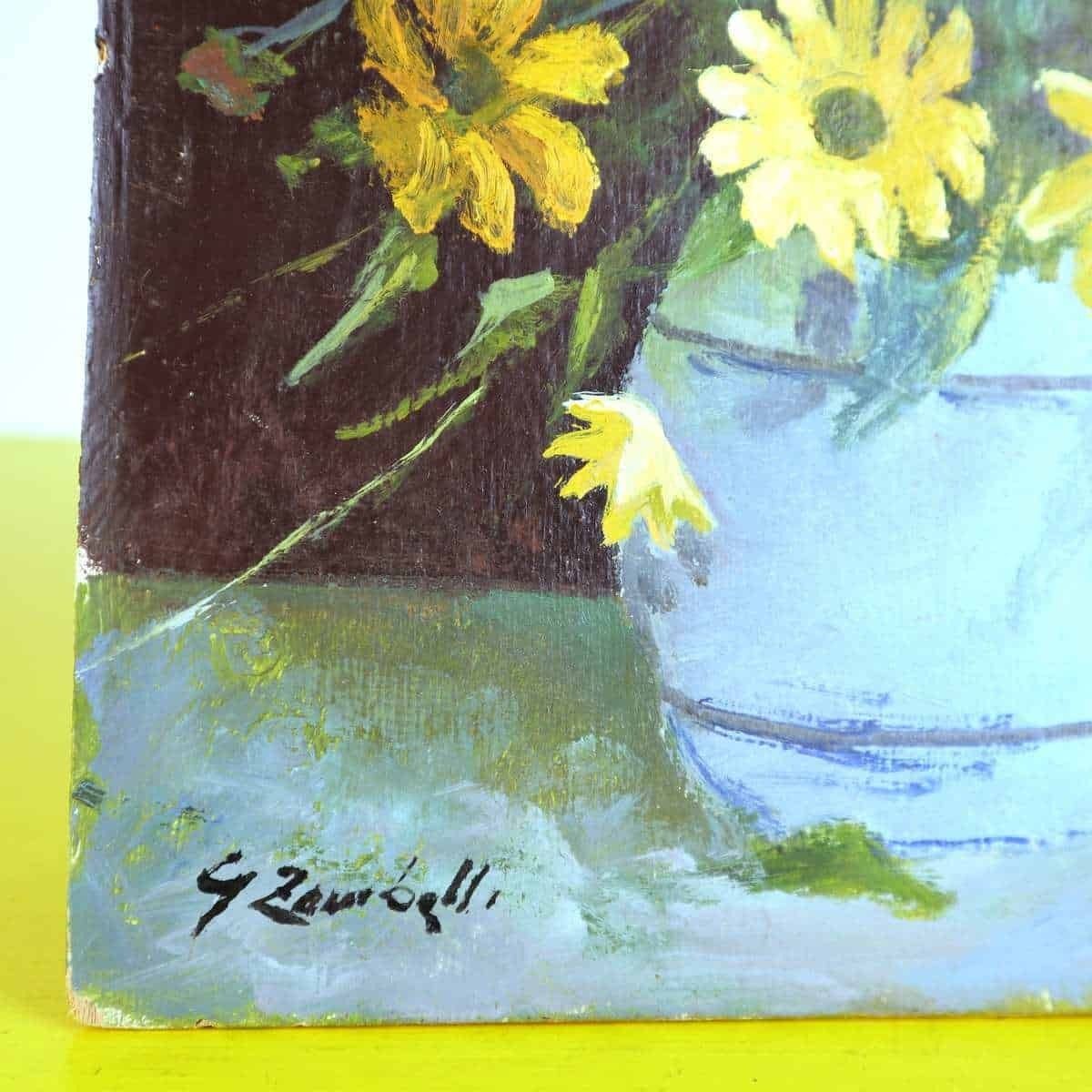 Oil On Panel, Vintage Vase With Yellow Flowers photo for sale