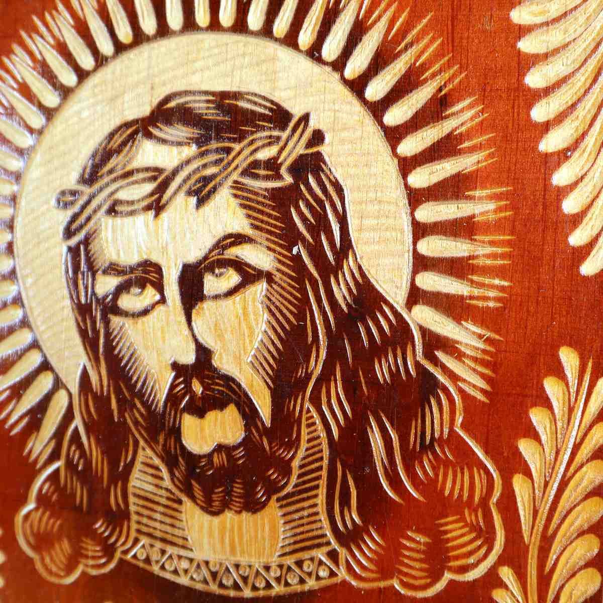 Pair Of Religious Paintings Carved In Wood, Madonna And Jesus photo for sale