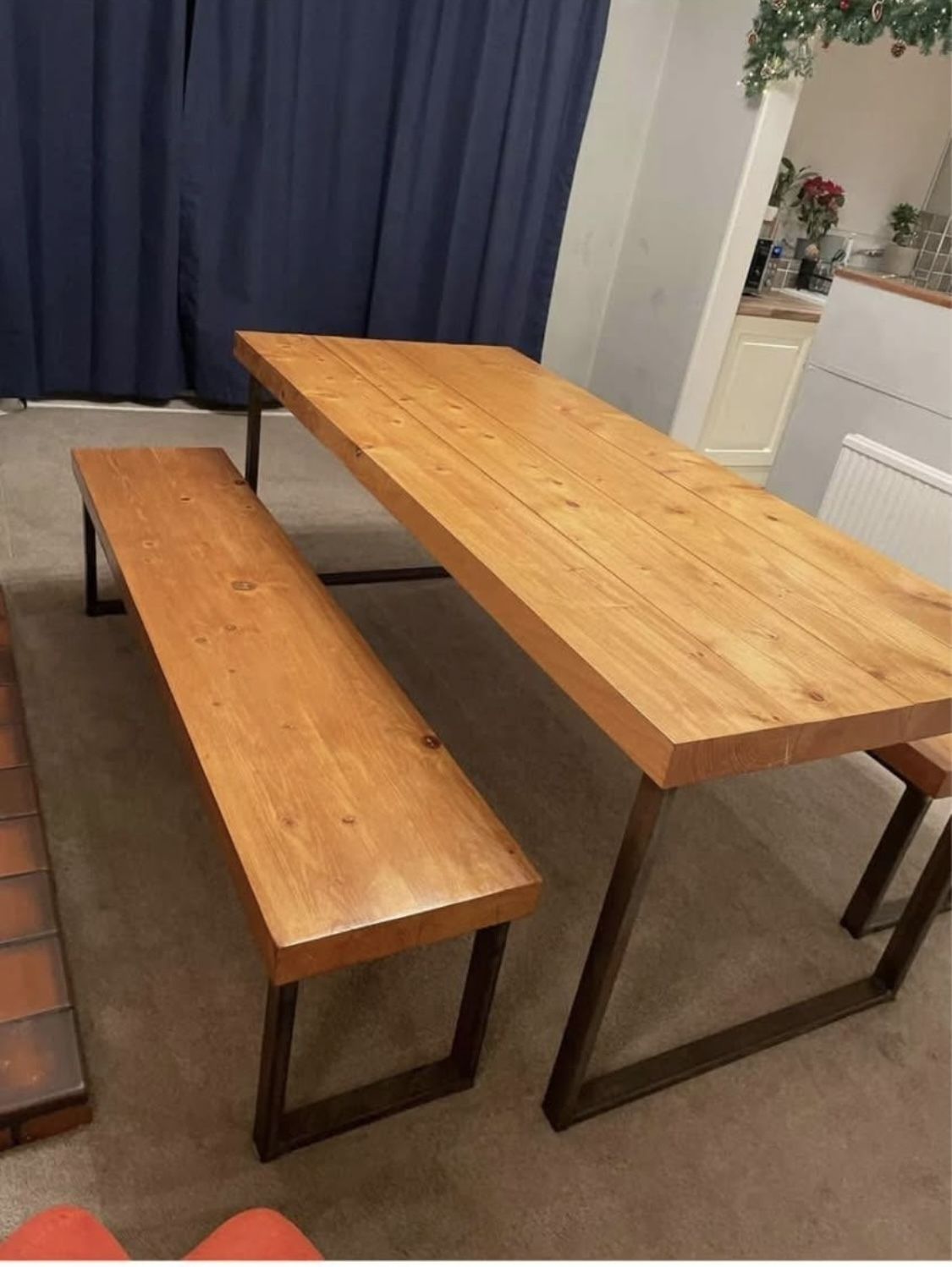 2m Wooden Dining Table & Benches With Metal Legs. Industrial photo furniture