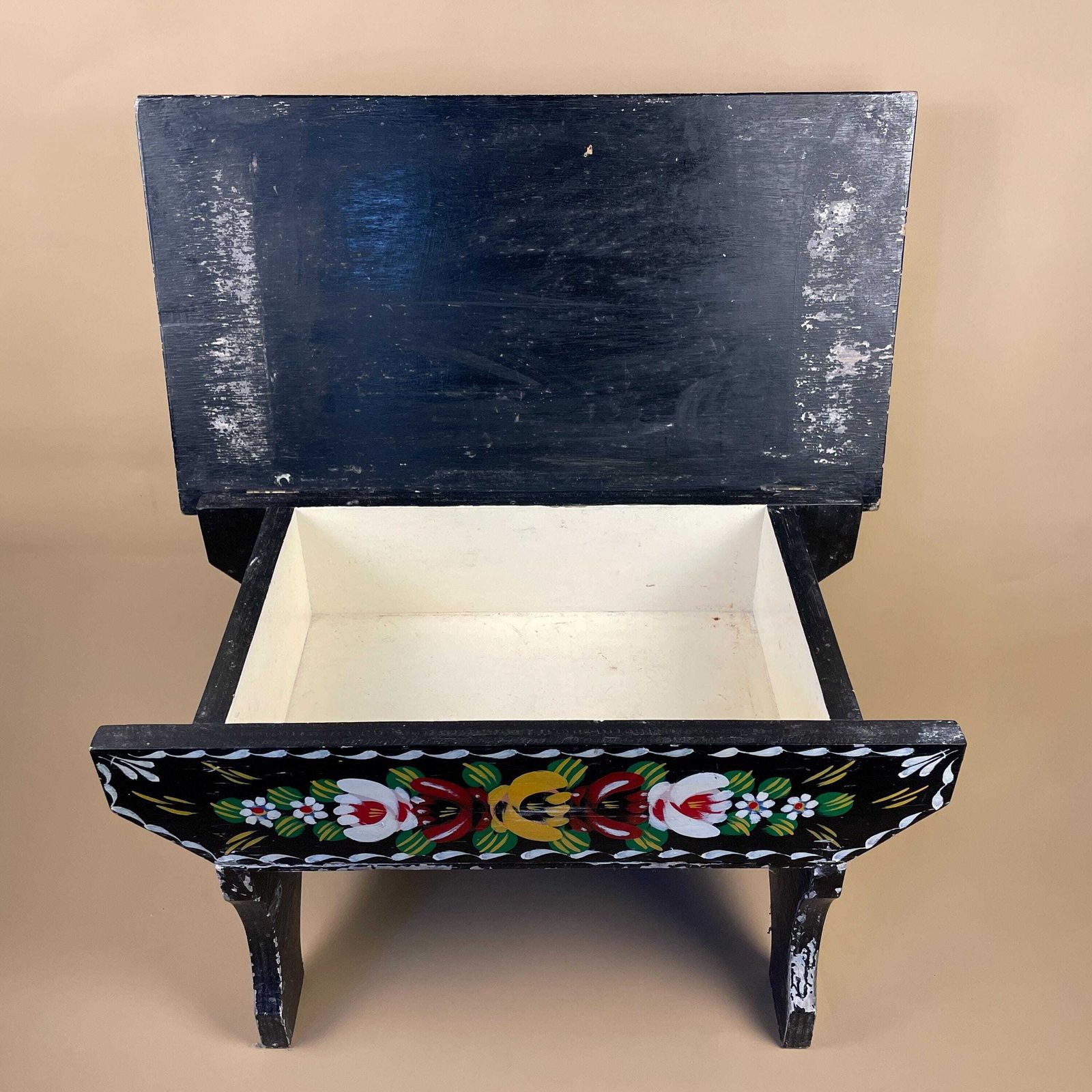 Antique Wooden Hand Painted Wood Table Storage Bedside Patterned Canal Boat Furniture Rectangle Retro Sewing Box Small Coffee Table Handmade photo 145.0