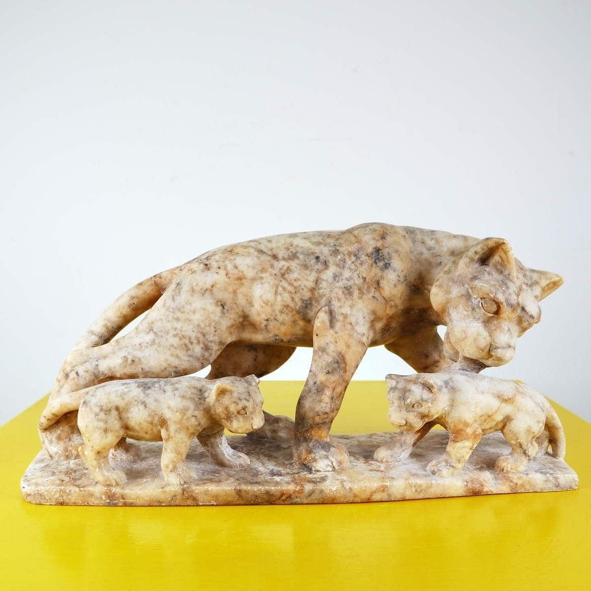Marble Sculpture Statue Of A Feline With Cubs