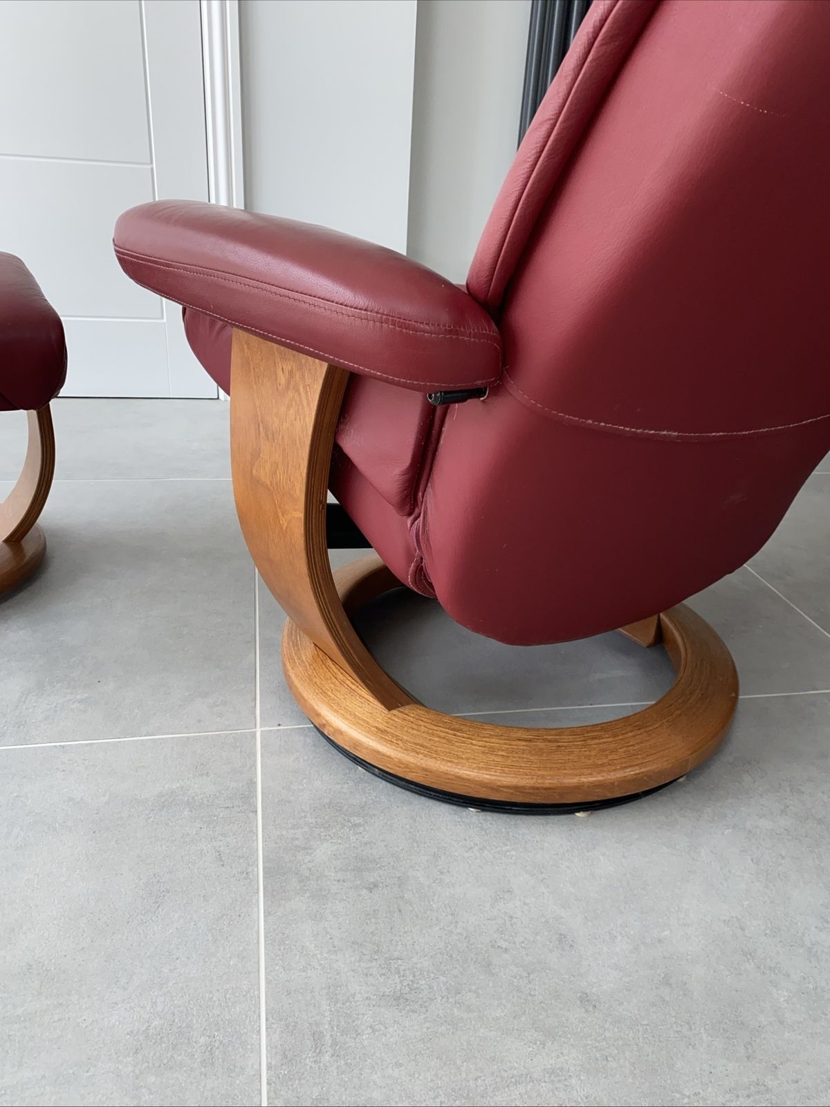 Vintage Danish Somo A/C Red Leather Reclining Chair And Foot Rest photo vinterior