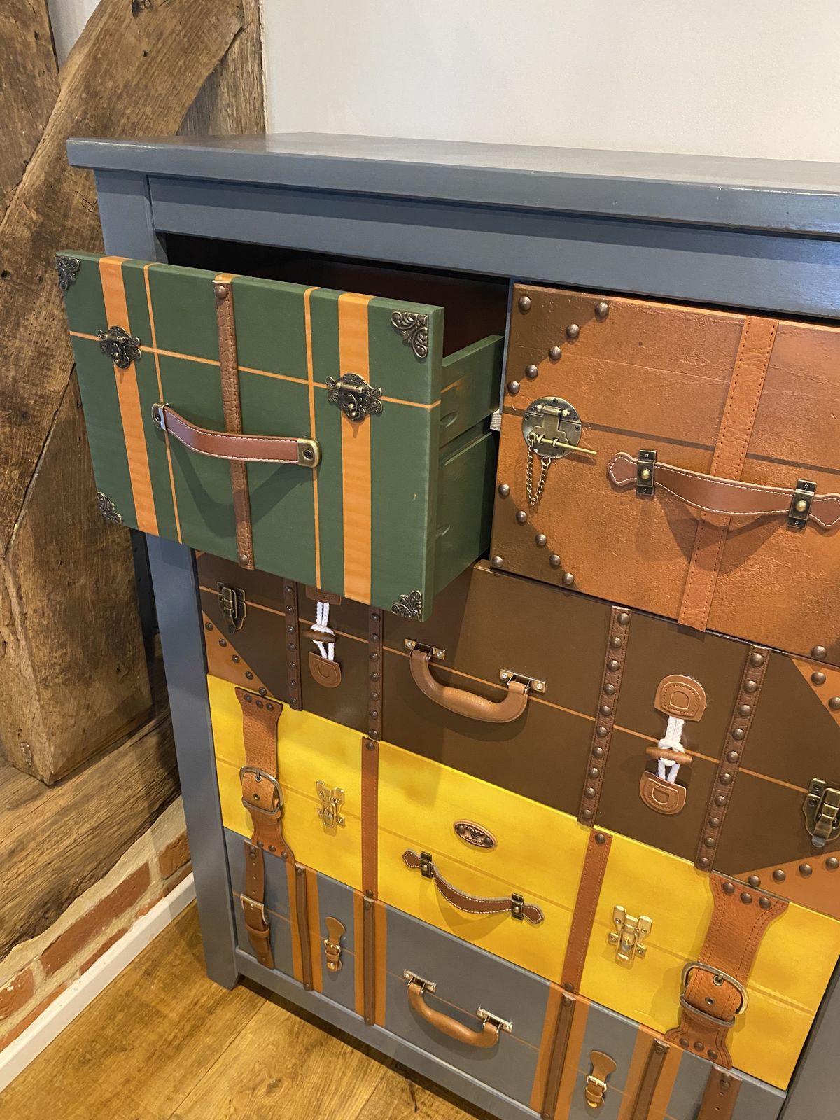 Vintage Suitcase Style Chest Of Drawers – Hand Painted, Unique Statement photo Furniture