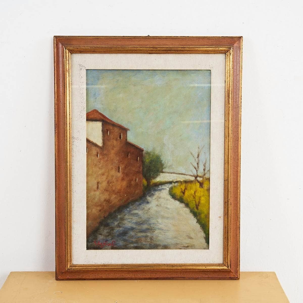 Enchanting Tuscan Landscape In A Gilded Frame, By Giuseppe Gagliardi From The 20th Century