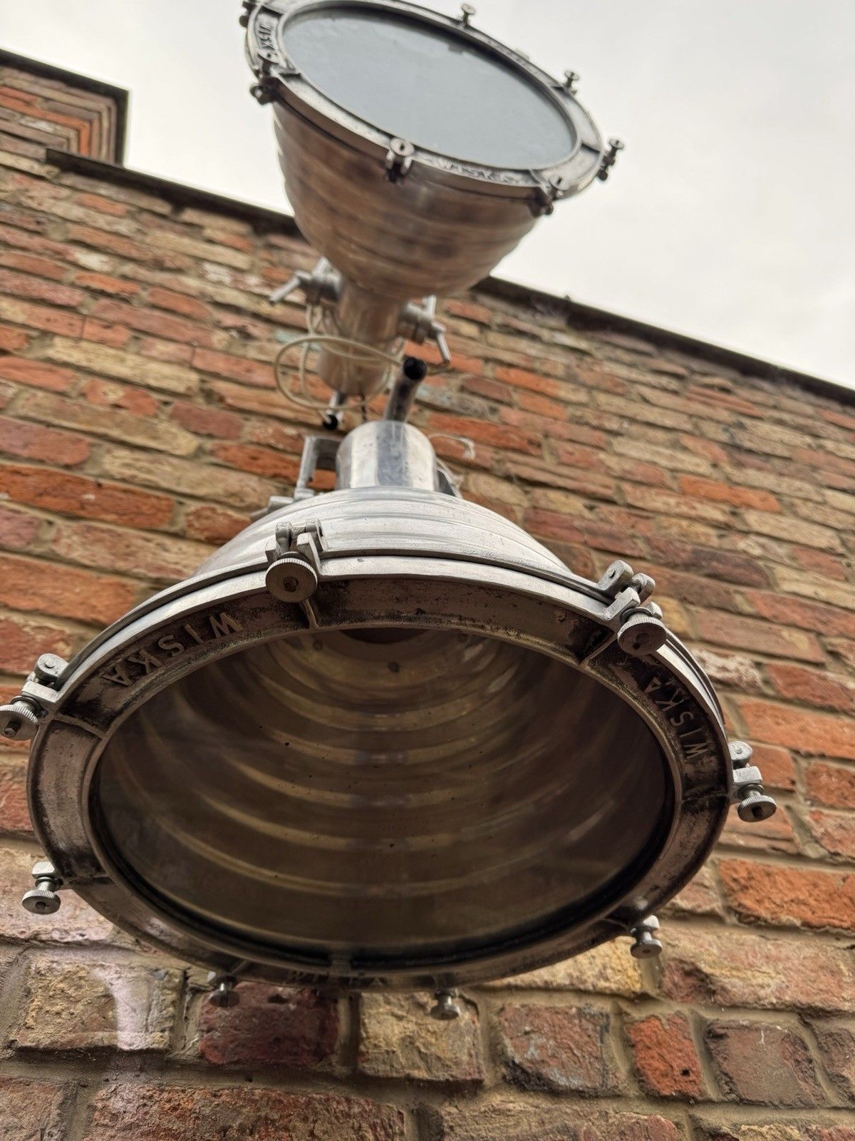 Pair Of Vintage Wiska Ship Lights – Polished Aluminium Industrial Lamps photo Lighting