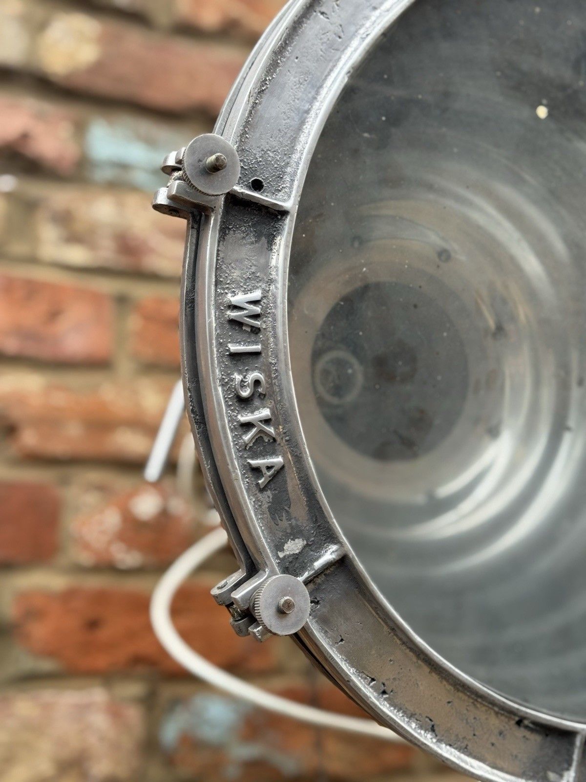 photo for sale Pair Of Vintage Wiska Ship Lights – Polished Aluminium Industrial Lamps