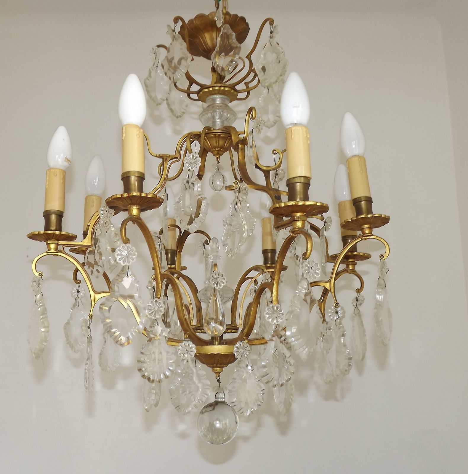 Grand French Louis XV Gilt Bronze Glass & Crystal 8 Light Cage Chandelier