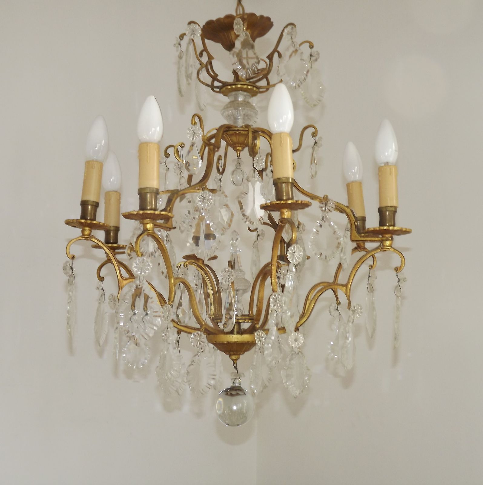 Grand French Louis XV Gilt Bronze Glass & Crystal 8 Light Cage Chandelier photo vintage