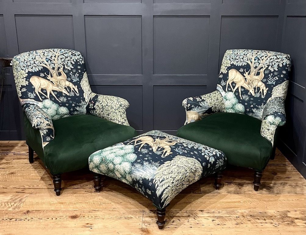A Rare Antique French Napoleon III Salon Set Comprising Two Armchairs And Footstool photo furniture