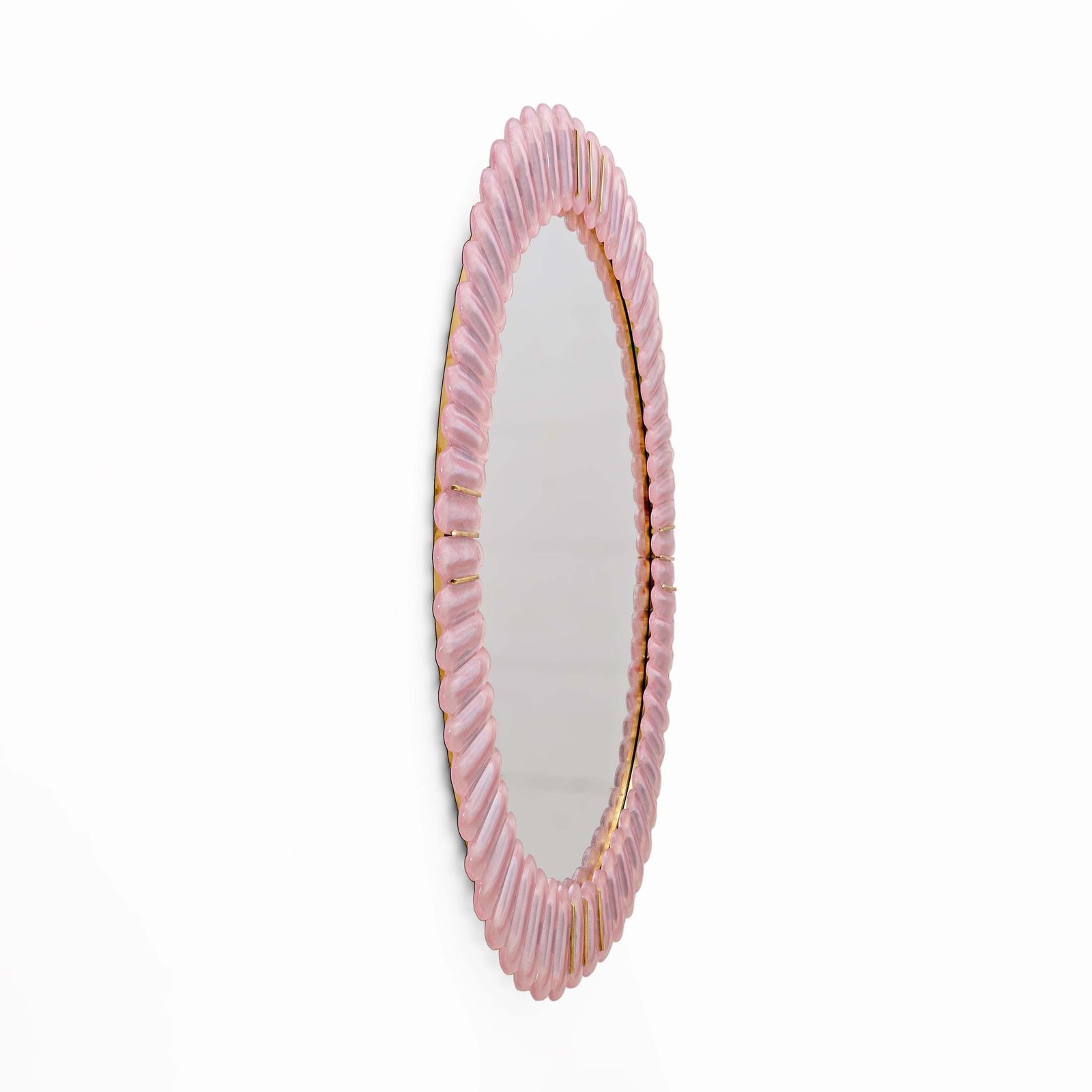 Mid Century Modern Italian Oval Mirror In Brass And Pink Murano Blown Glass photo furniture