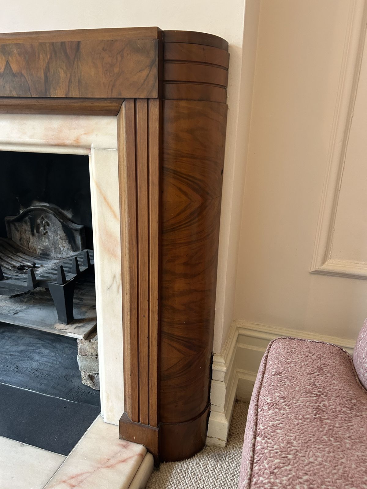 Art Deco Walnut Fire Surround With Pink Marble Hearth And Inset photo 1050.0