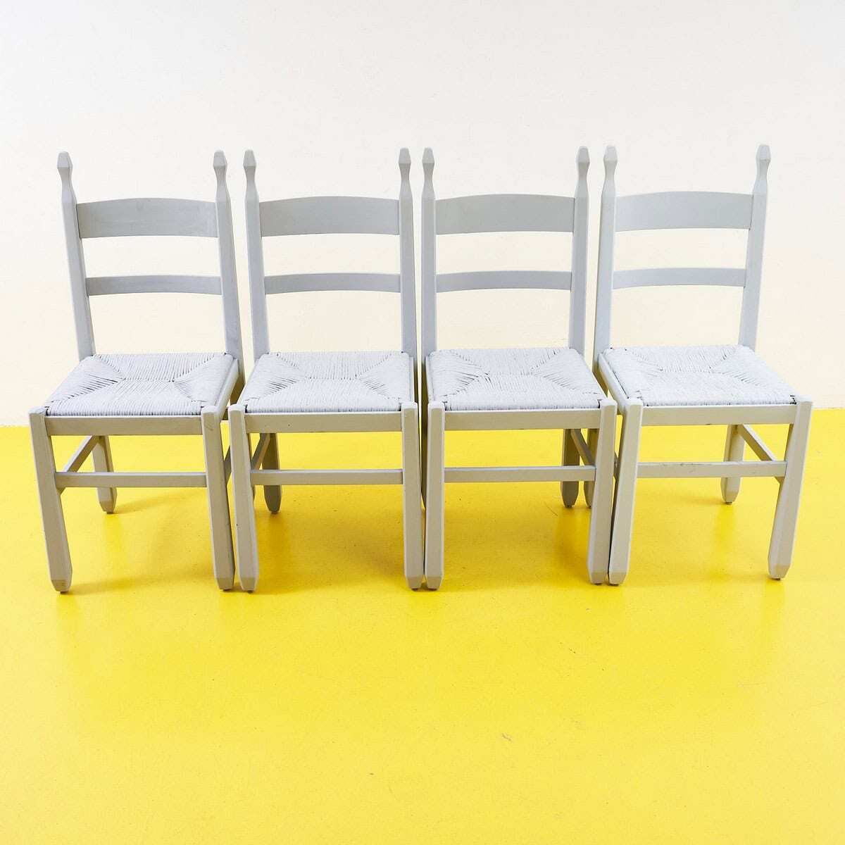 Gray Wooden And Straw Chairs, 4 Pieces