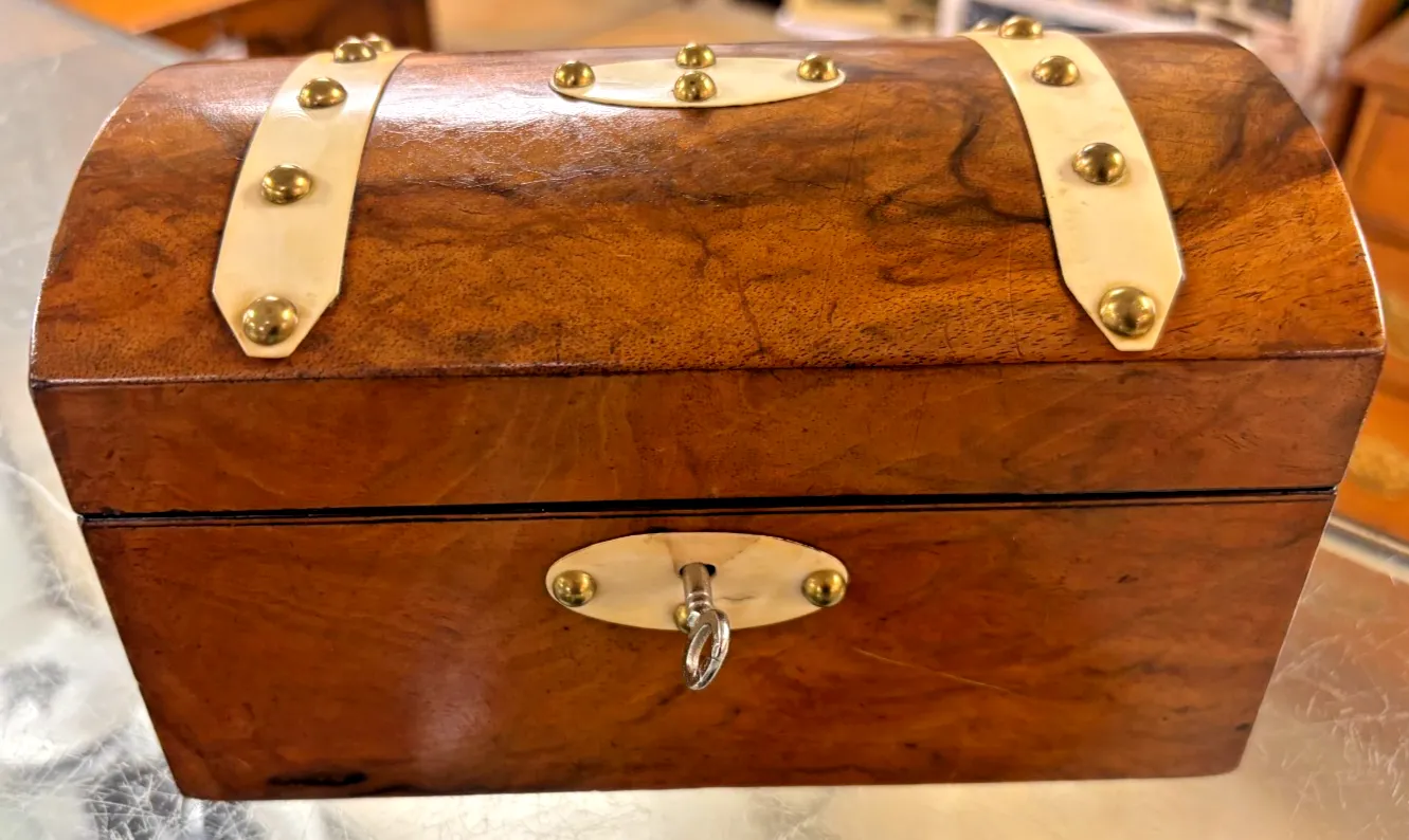 Antique 19th Century English Walnut Tea Caddy With Brass Detailing