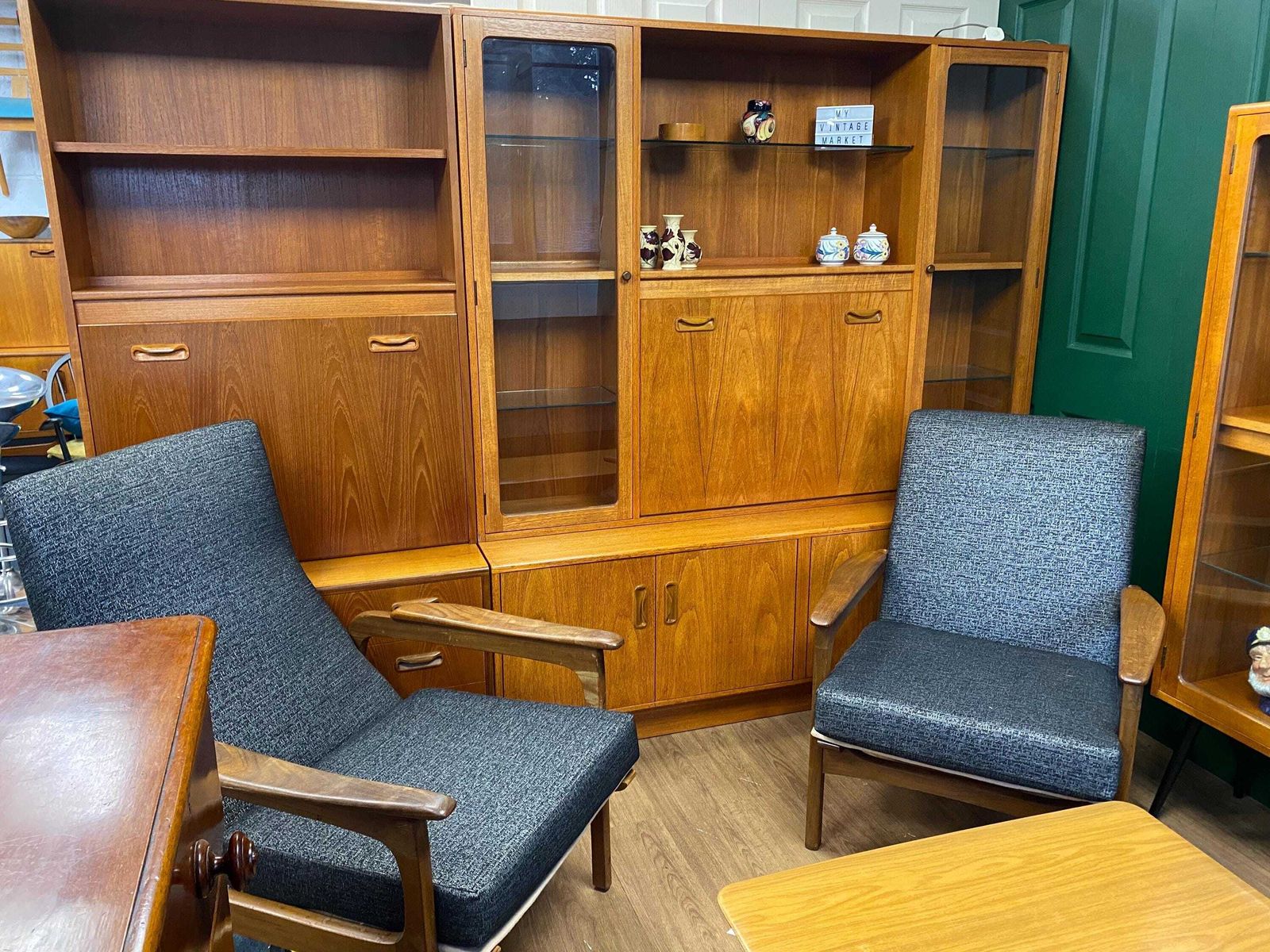 Restored Mid Century 1960s Teak G Plan Glazed Single Wall Unit With Drop Down Cocktail Cabinet photo buy