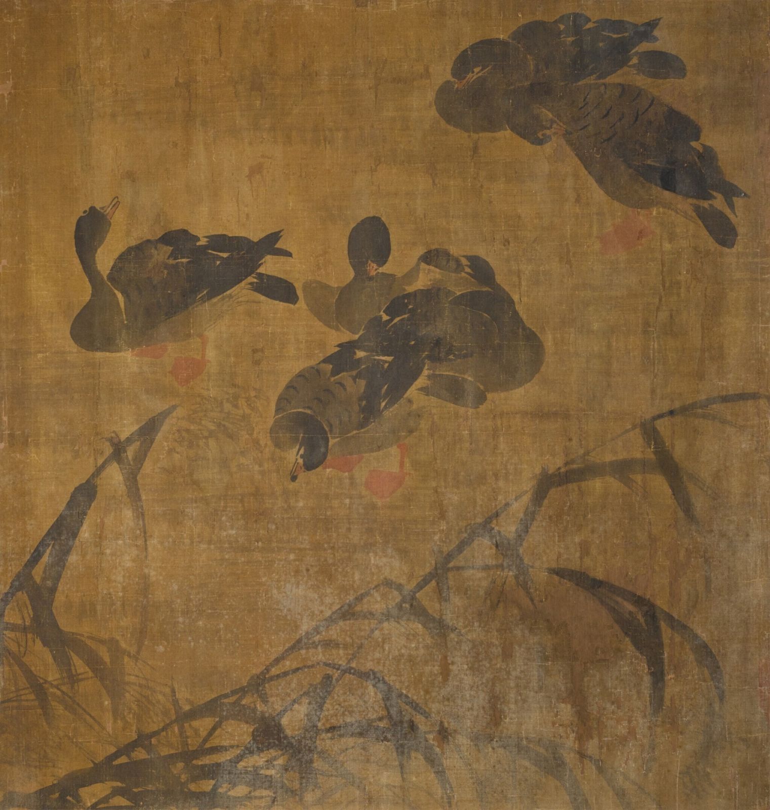 Large Chinese Literati Painting “Geese And Reeds”, After Bian Shoumin (Qing Style), Ink & Colour On Paper, Framed photo furniture