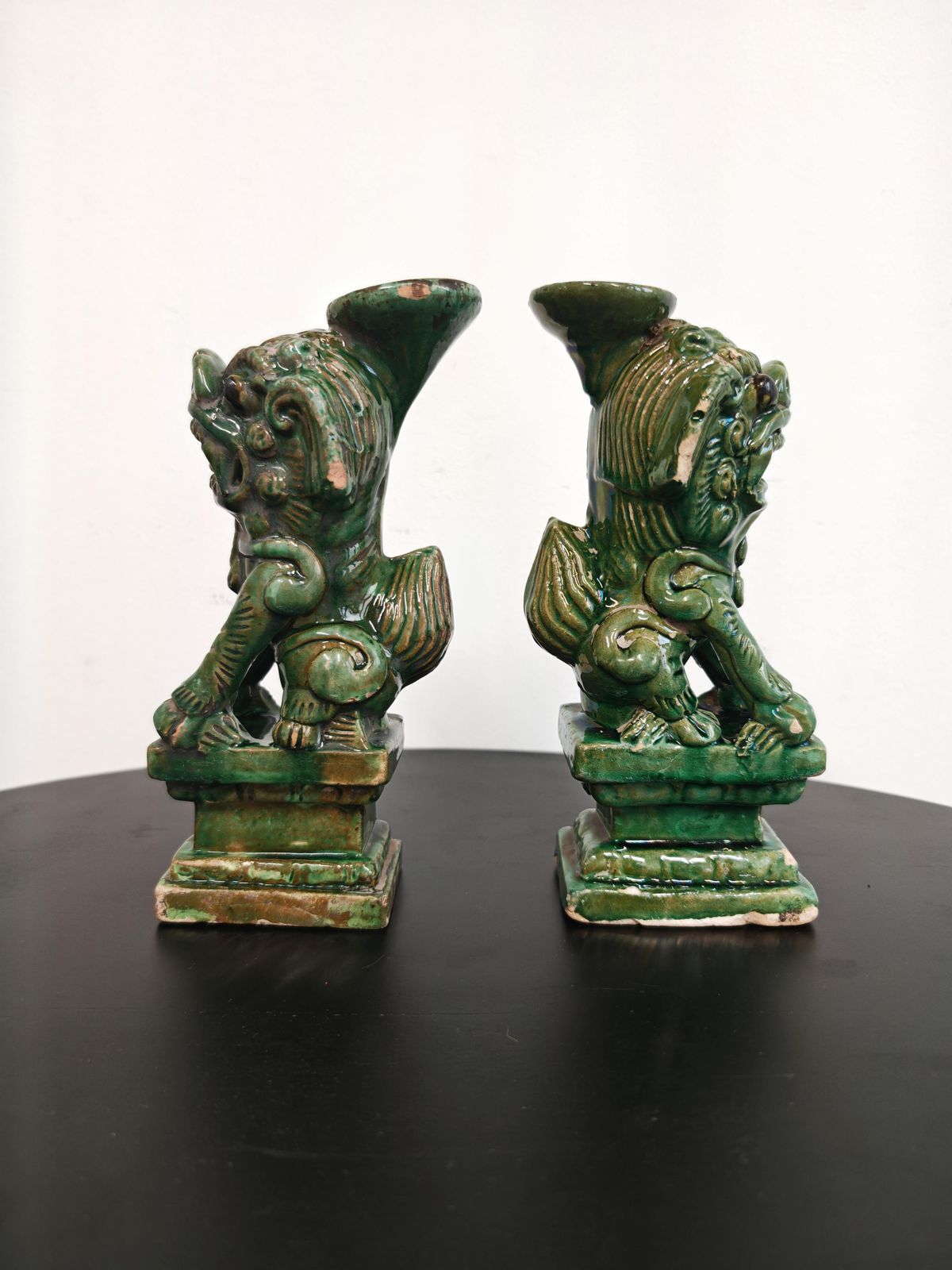 Pair Of Antique Foo Dogs Candle Holders In Ceramic, China 19th Century photo buy