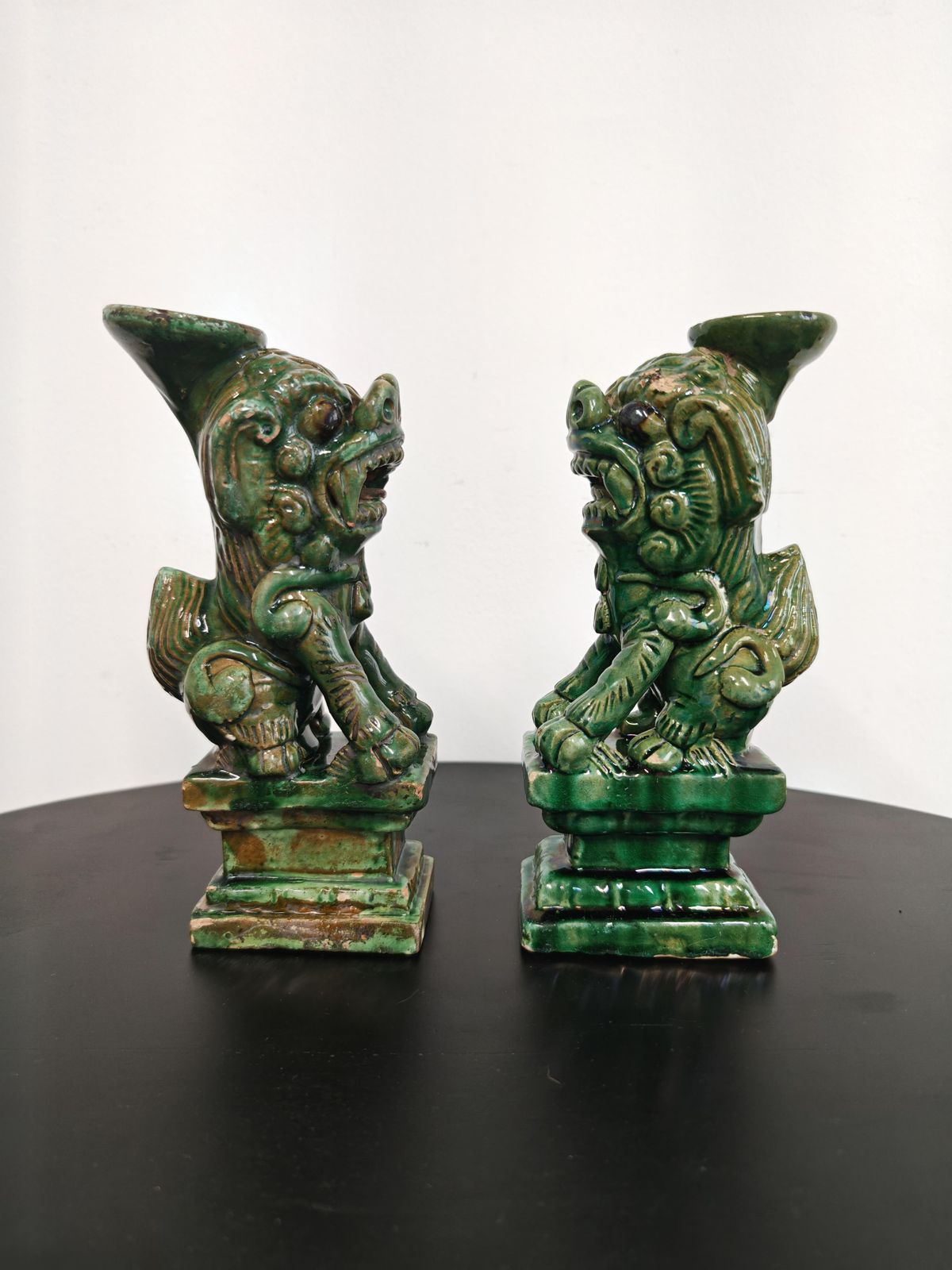 photo for sale Pair Of Antique Foo Dogs Candle Holders In Ceramic, China 19th Century