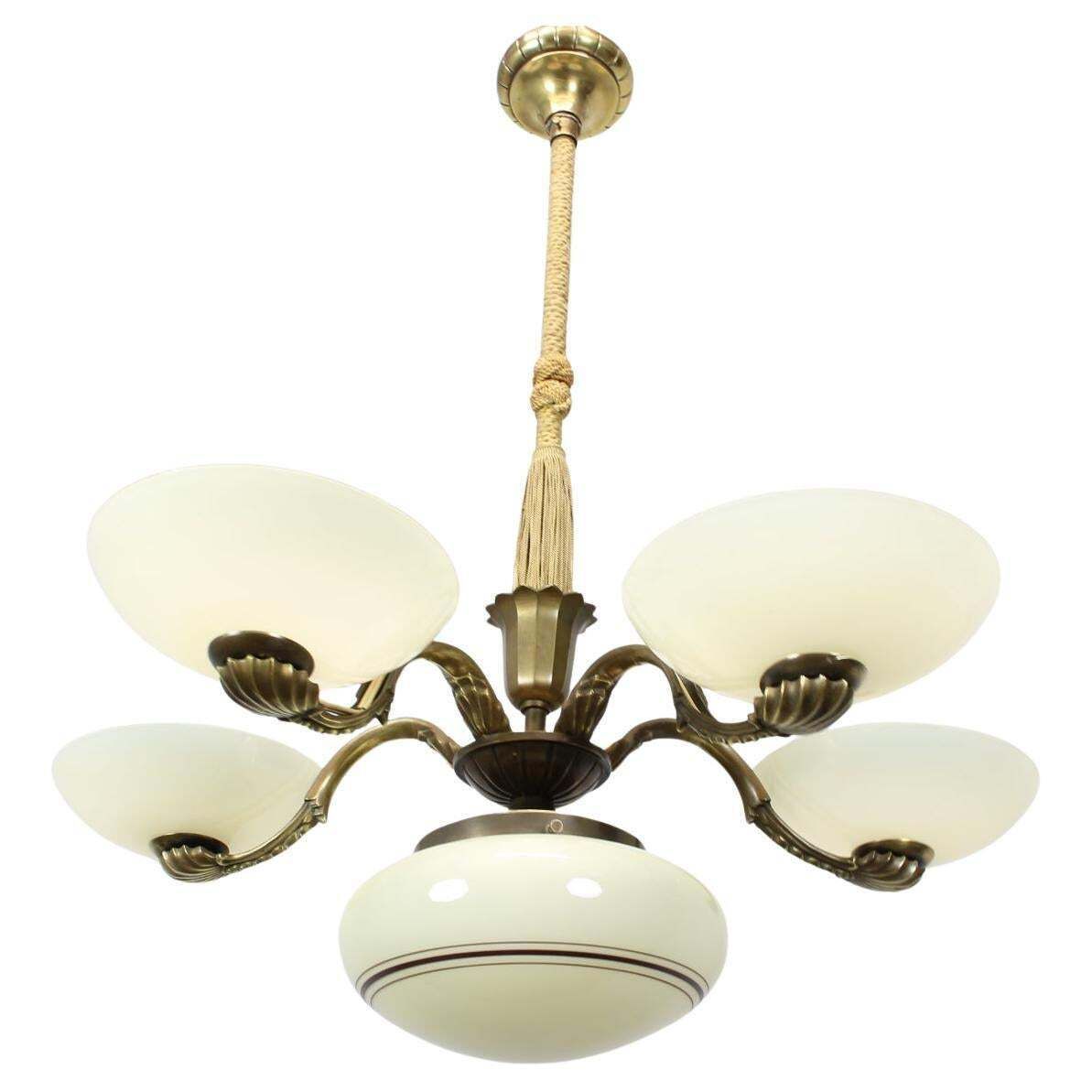 Art Nouveau Brass And Glass Chandelier, 1910s