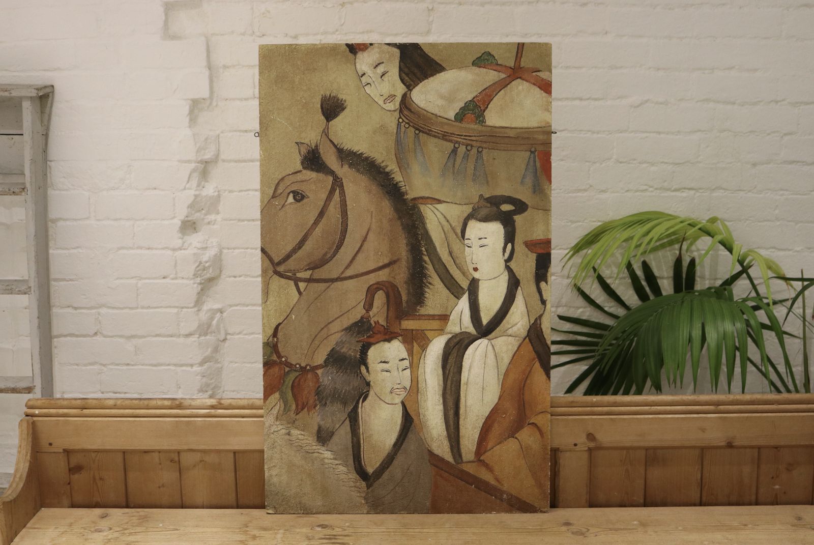 Large Oriental Chinese Painting On Board Horse & Figures photo Art