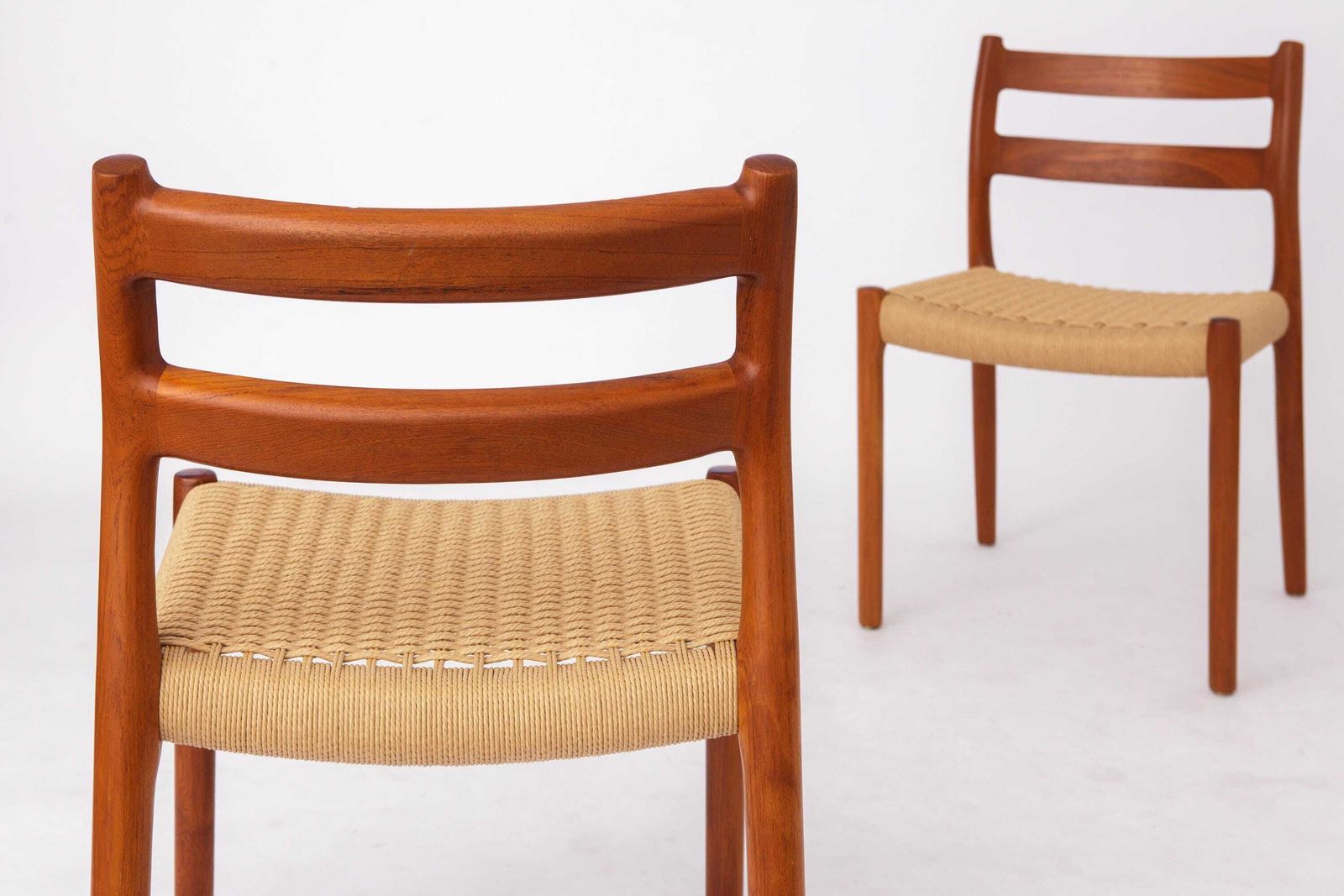 Set Of 4 Niels Otto Møller Model 84 Chairs – Danish Teak & Paper Cord, 1970s | Vintage Mid Century Modern Dining Chairs photo for sale