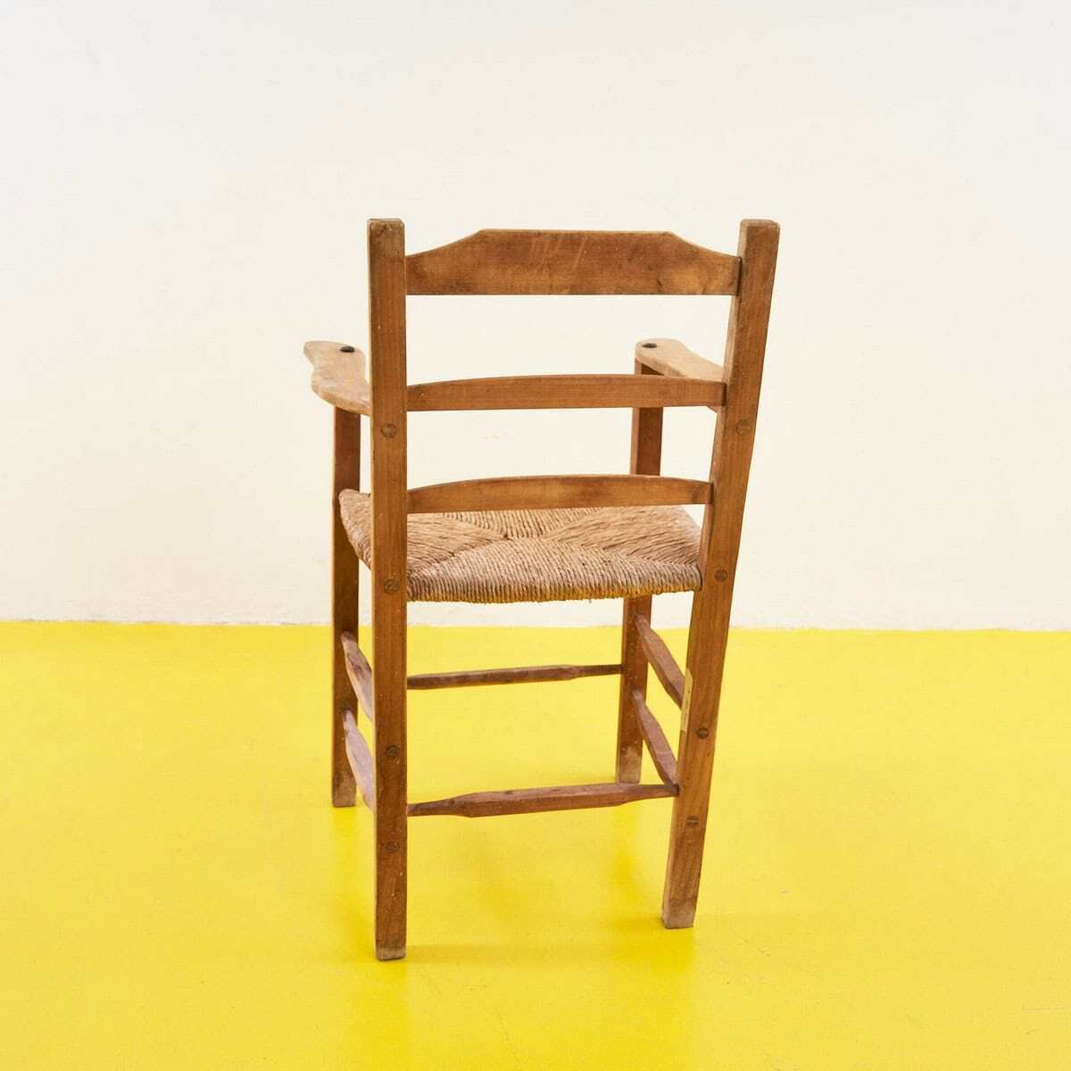 Rustic Wooden High Chair From The Early 1900s With Straw Seat photo vinterior