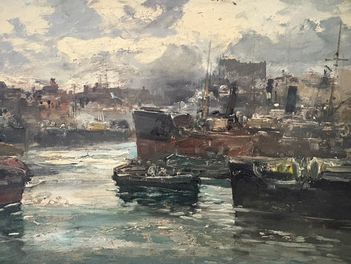 Ships In Harbour, C20th, Oil Painting photo for sale