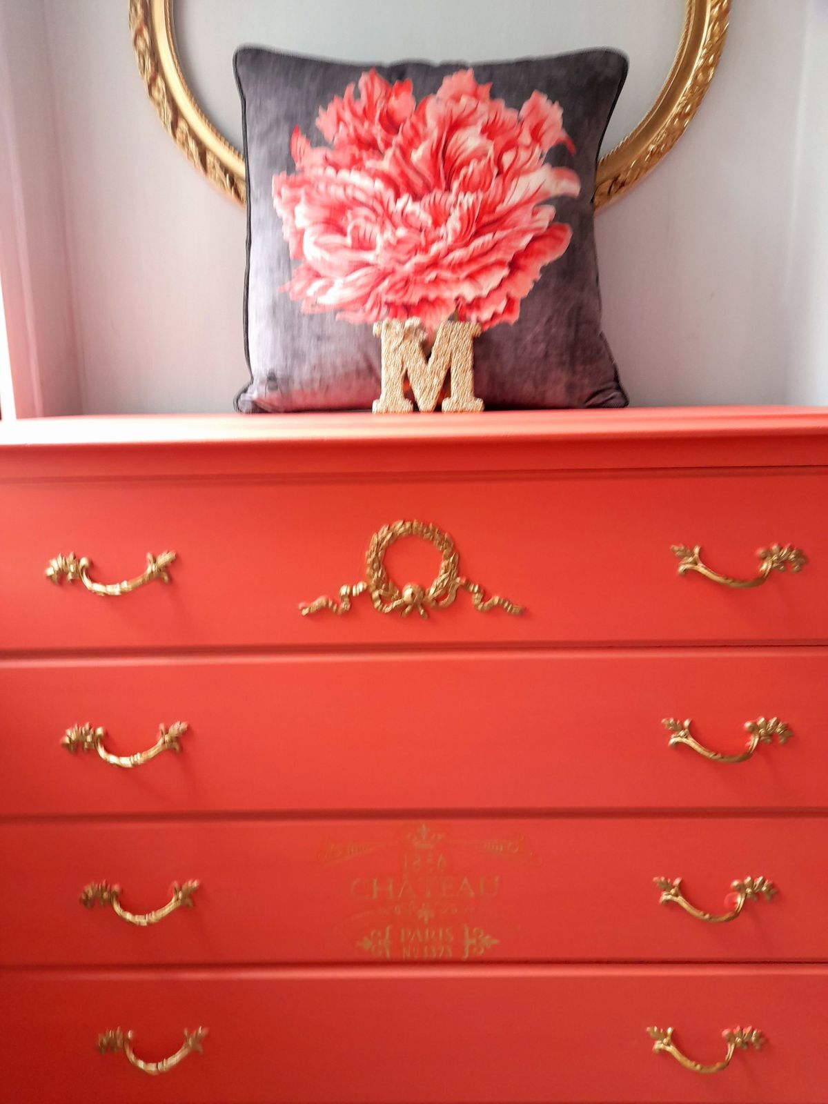 Olympus Five Drawer Chest. Hand Finished In Flamingo With Gold Highlights And Chateau Crest photo for sale
