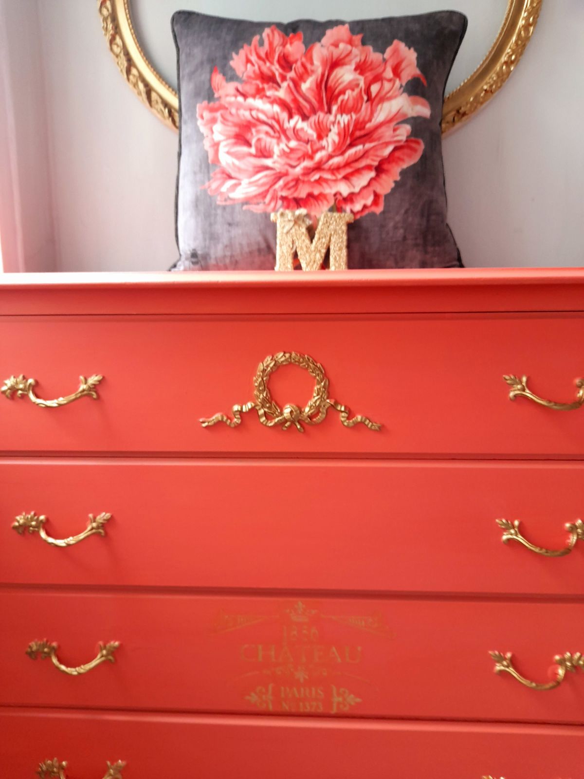 Olympus Five Drawer Chest. Hand Finished In Flamingo With Gold Highlights And Chateau Crest photo Furniture