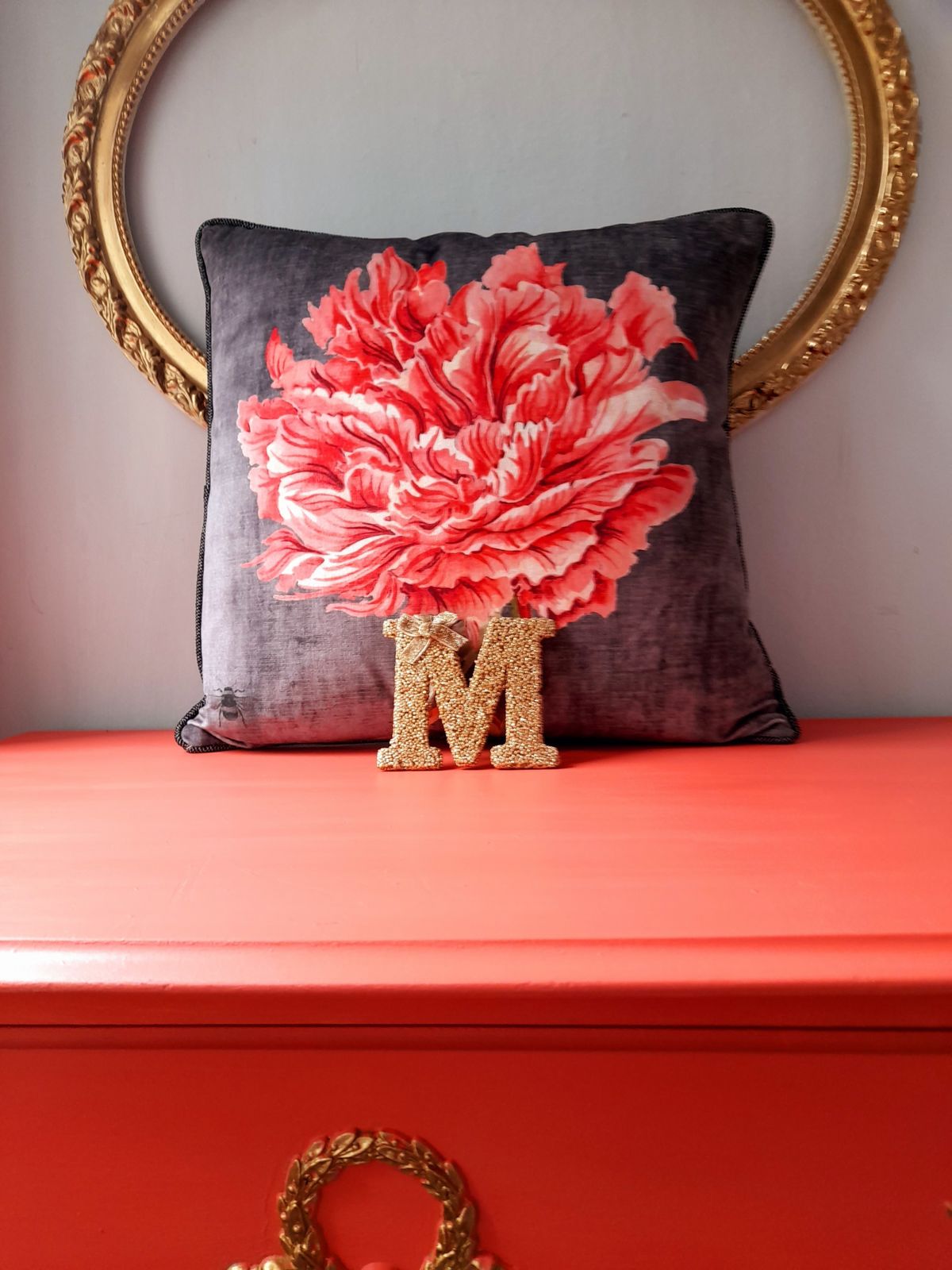 photo furniture Olympus Five Drawer Chest. Hand Finished In Flamingo With Gold Highlights And Chateau Crest