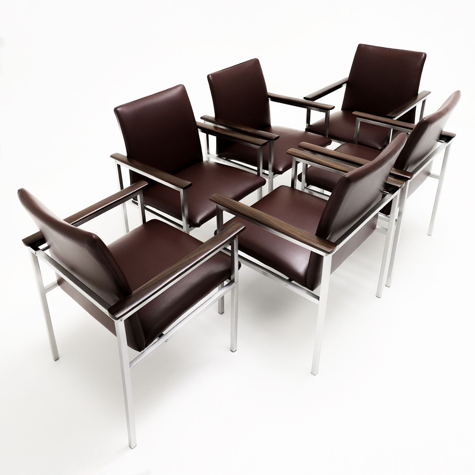 Set Of 6 Sigvard Bernadotte Vintage Danish Armchairs In Brushed Steel, Walnut And Leather photo 4950.0