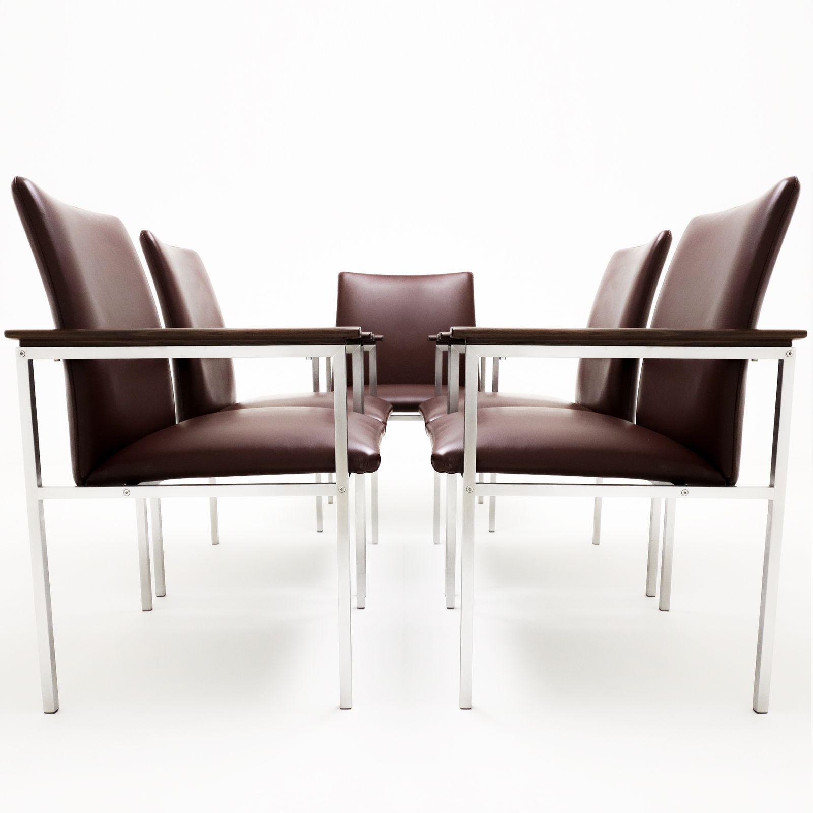 Set Of 6 Sigvard Bernadotte Vintage Danish Armchairs In Brushed Steel, Walnut And Leather photo vinterior